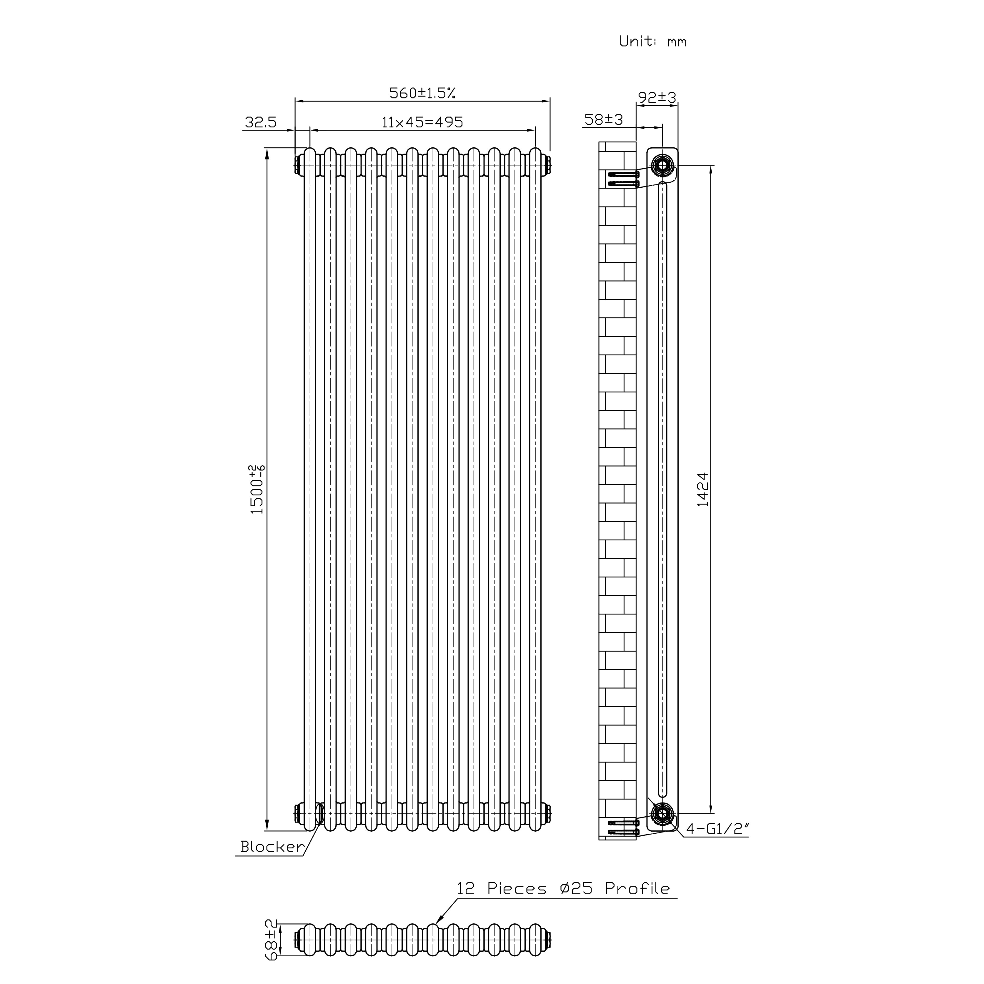 Q-Rax Radiatori Tradizionali 2 colonne 1500x560 metallo grezzo valvole