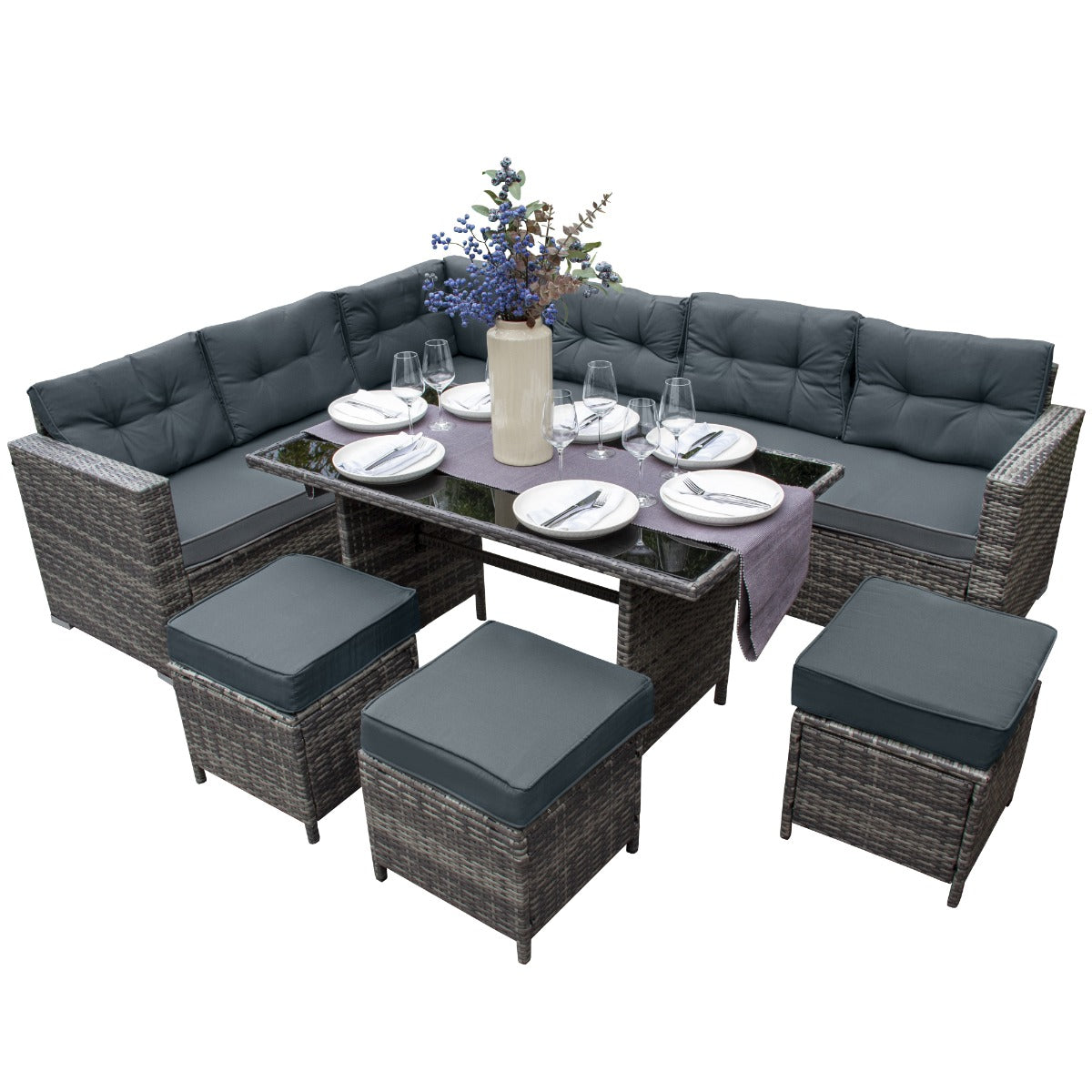 Q-Rax Mobili da Esterno Set Rattan 9 Posti Grigio Vetro
