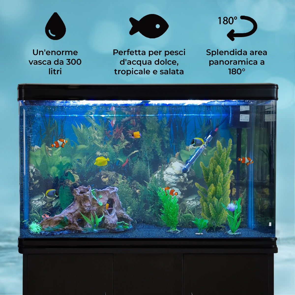 Q-Rax 300 litri acquario con mobile nero piante e ghiaia