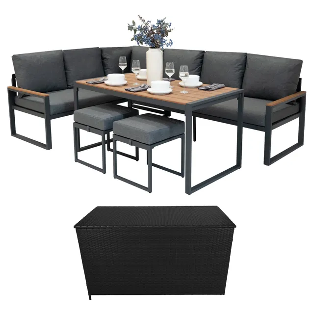 Q-Rax Set divano angolare alluminio + cassapanca rattan nero