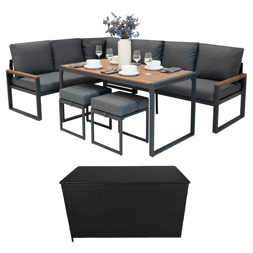 Q-Rax Set divano angolare alluminio + cassapanca rattan nero