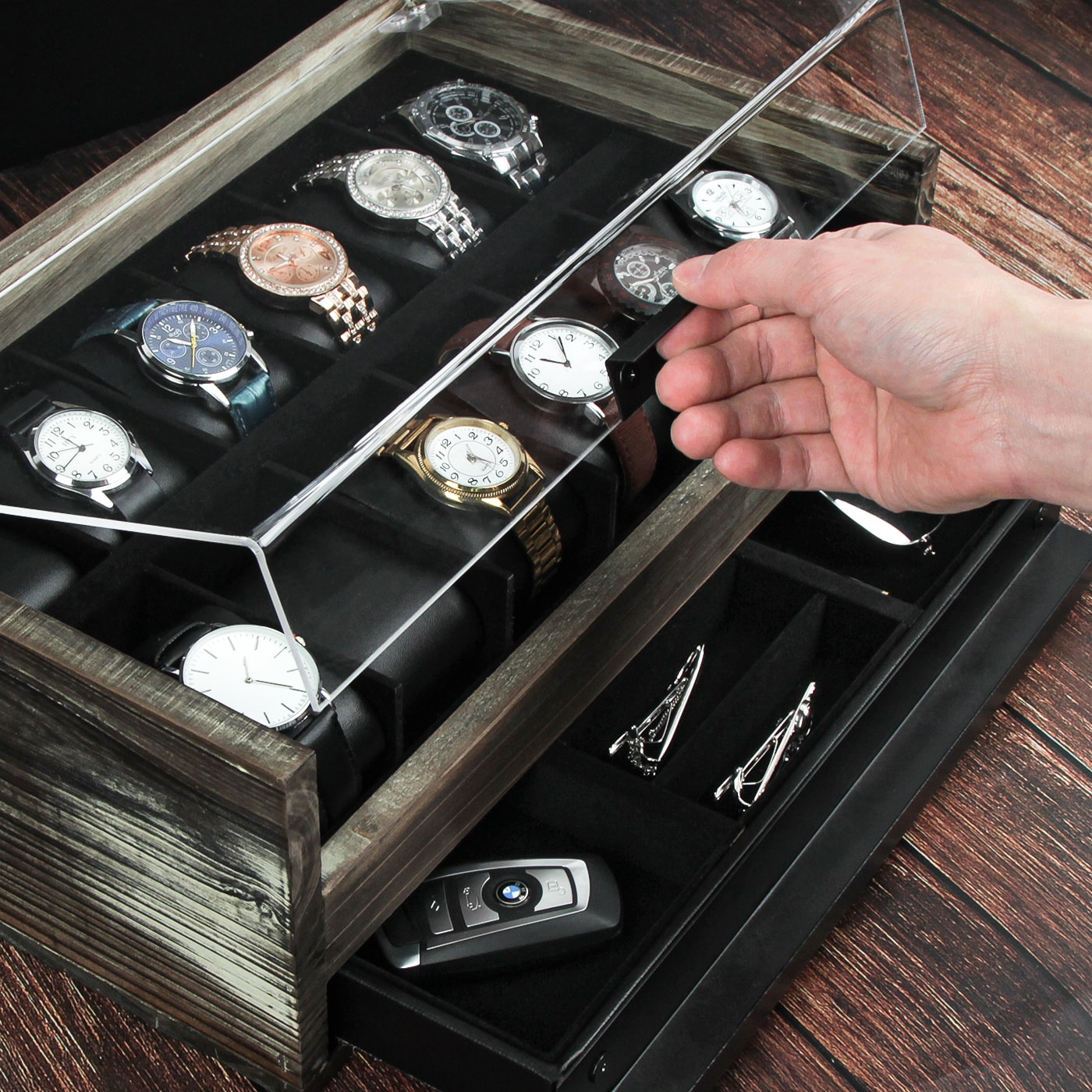 Jackcube Design Makeup & Jewelry Box Orologi Legno 12 Scomparti Vetro
