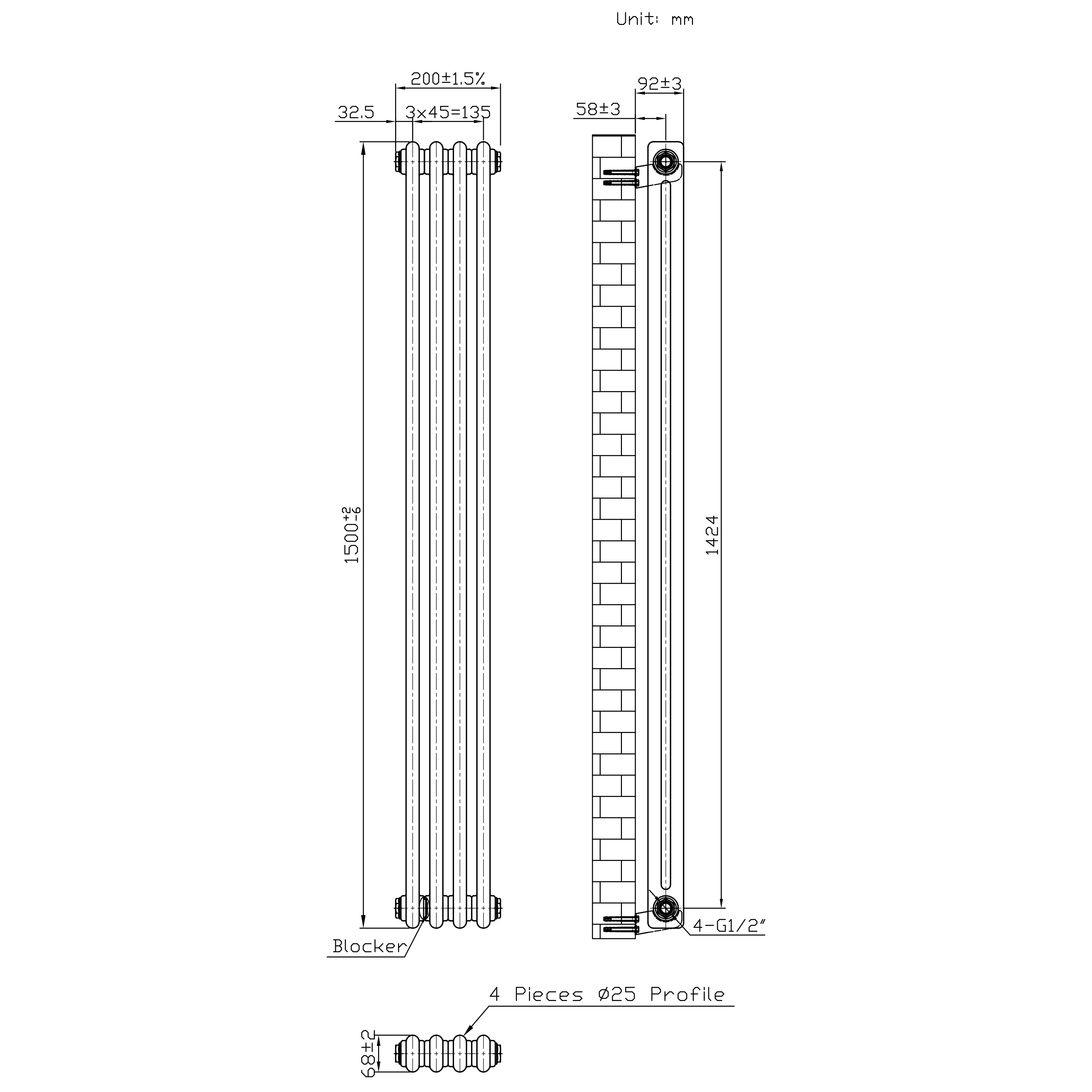 Q-Rax Radiatori Tradizionali 1500x200 radiatore metallo grezzo