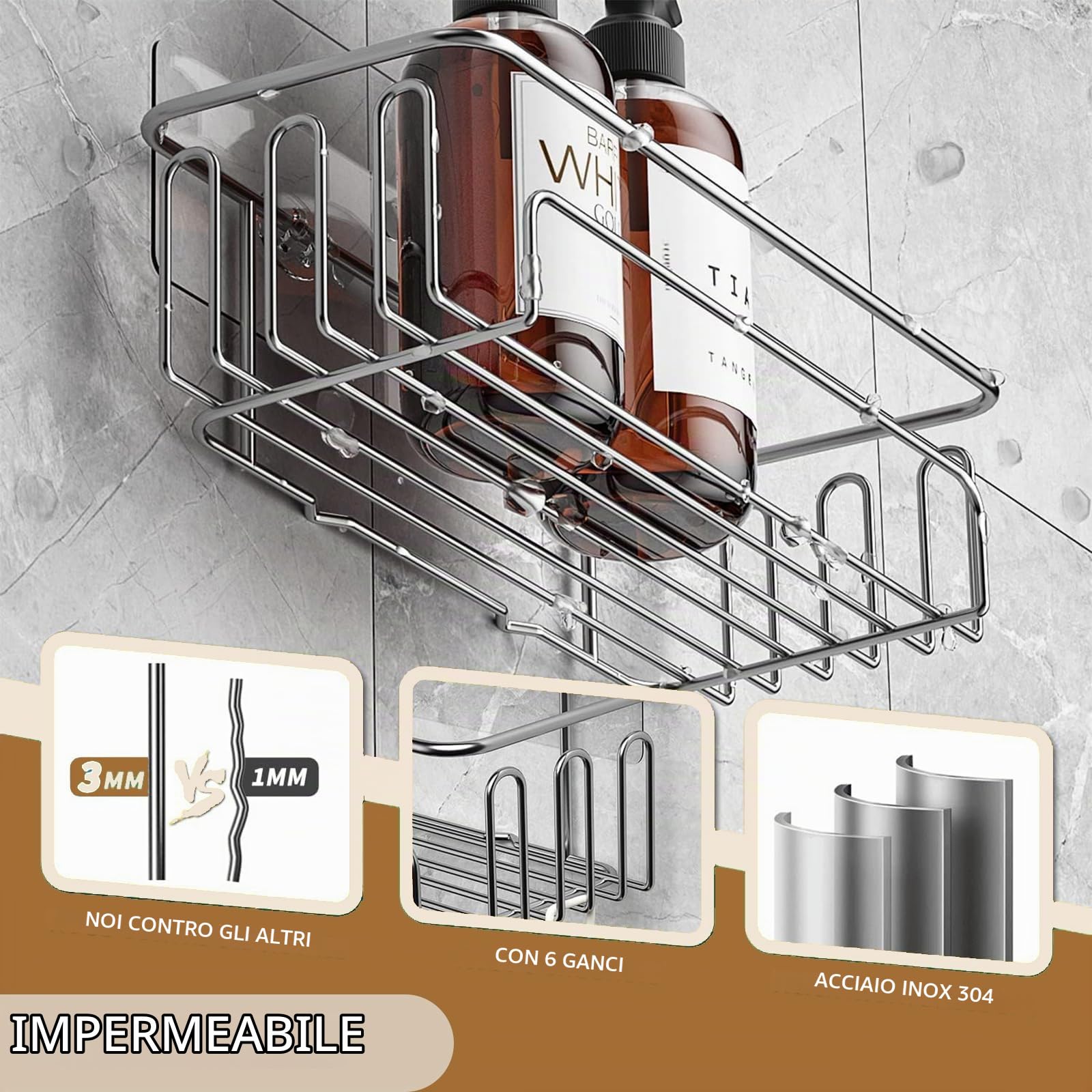 Meltrck Mensola Doccia Senza Foratura 2 Pezzi Argento Acciaio Inox