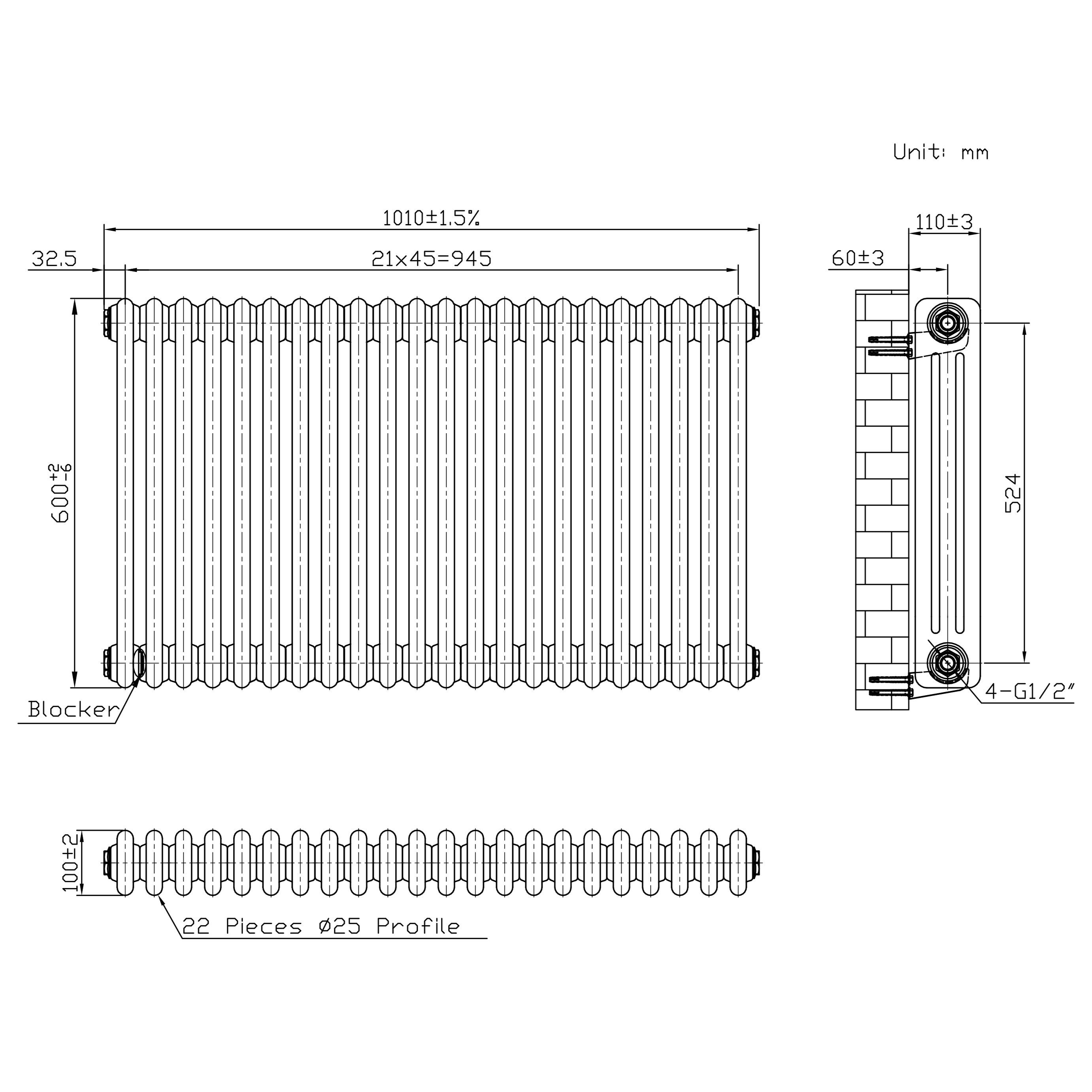 Q-Rax Radiatori Tradizionali 3 Colonne 600x1010mm Metallo Grezzo