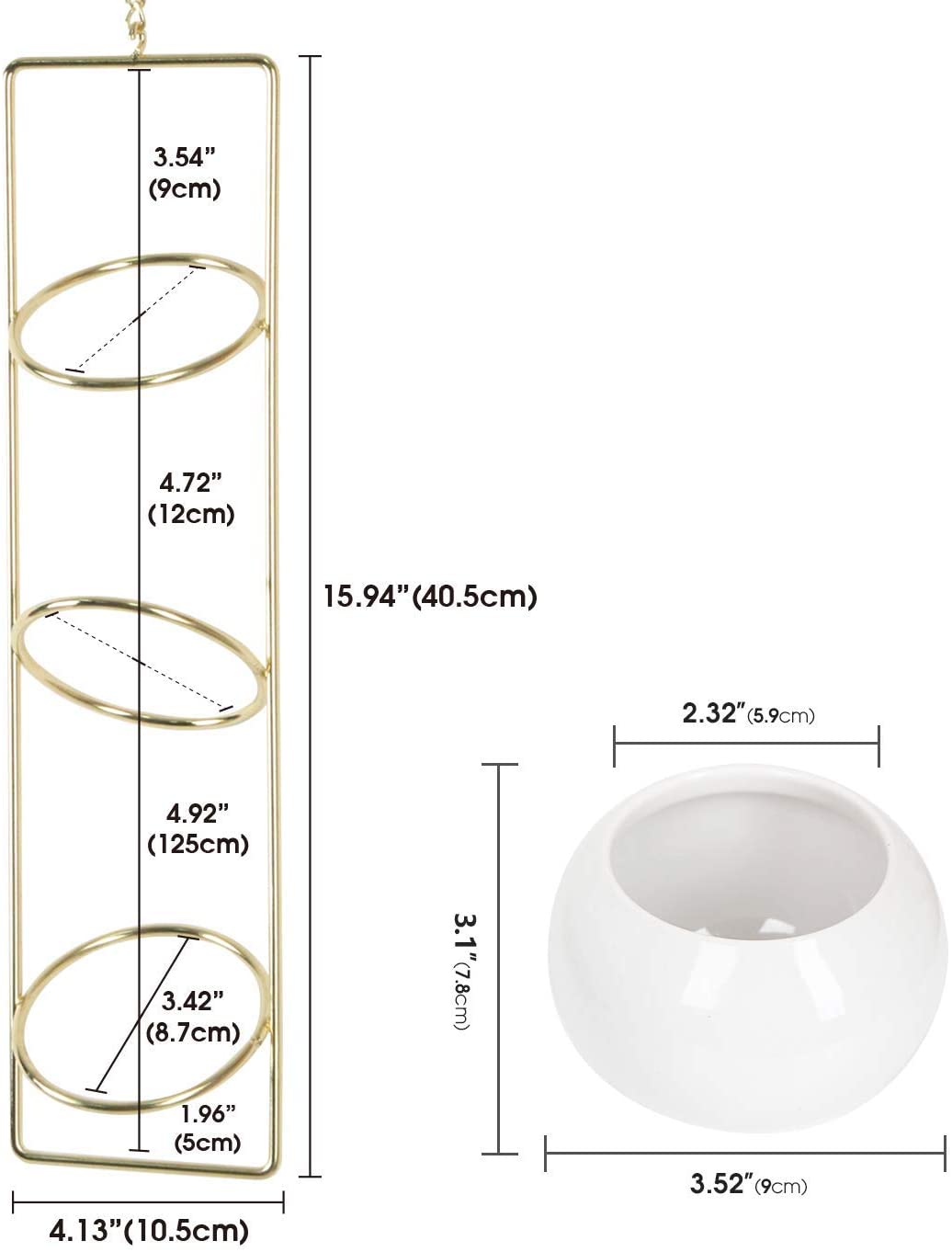Jackcube Design Plant Set 3 Vasi Sospesi Ceramica Bianca Oro Parete