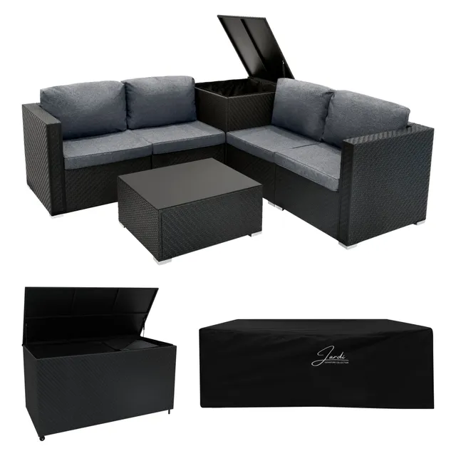 Q-Rax Set Rattan Nero 6 Pezzi con Tavolino e Bauli 250+700L