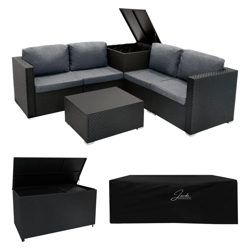 Q-Rax Set Rattan Nero 6 Pezzi con Tavolino e Bauli 250+700L