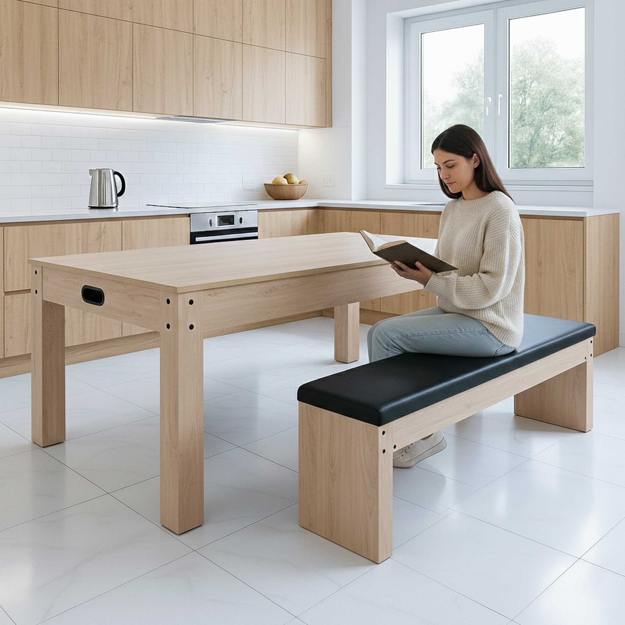 Q-Rax Tavolo Multigioco 7-in-1 Beige 213cm con Panca Contenitore