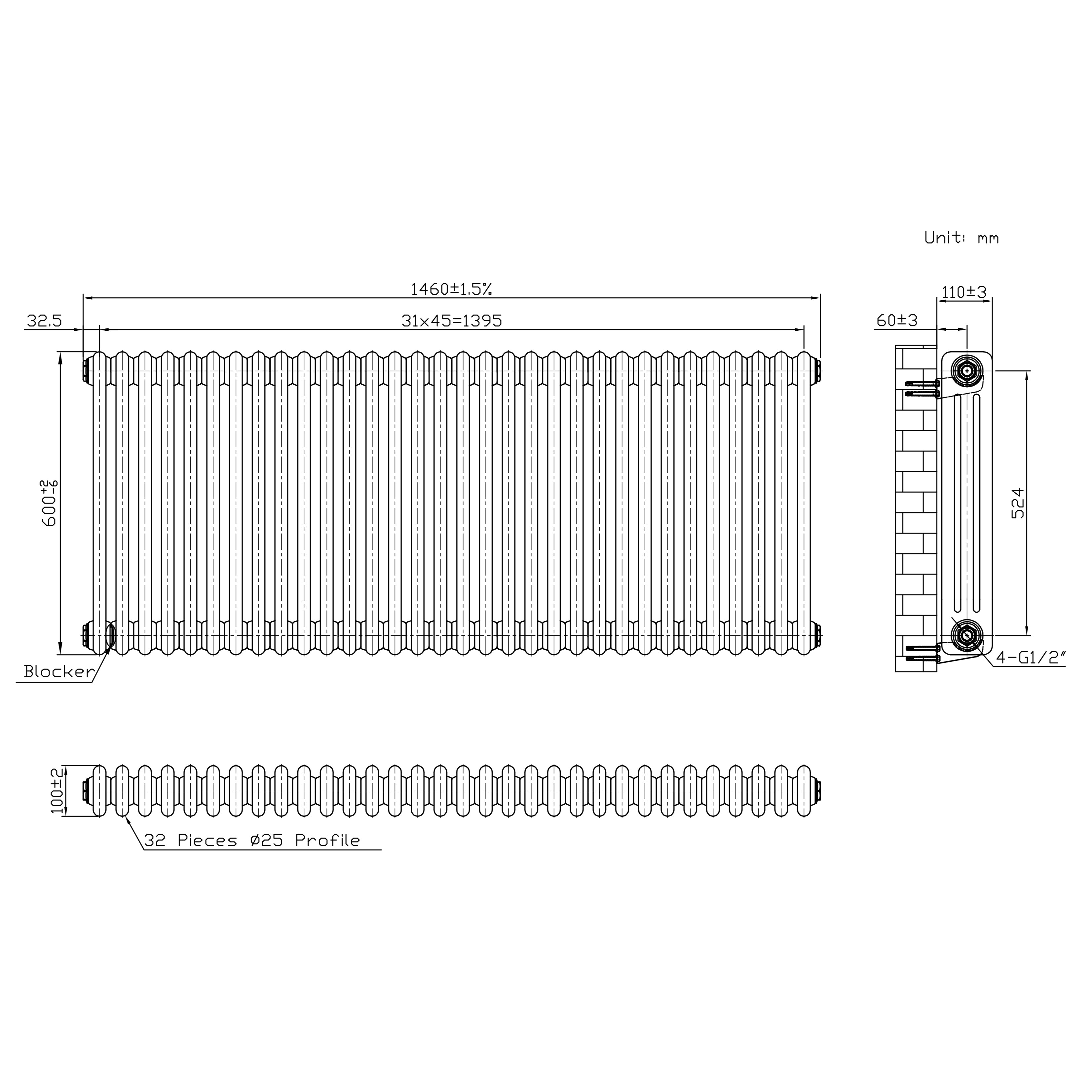 Q-Rax Radiatore 3 Colonne 600x1460 mm Metallo Grezzo Valvole