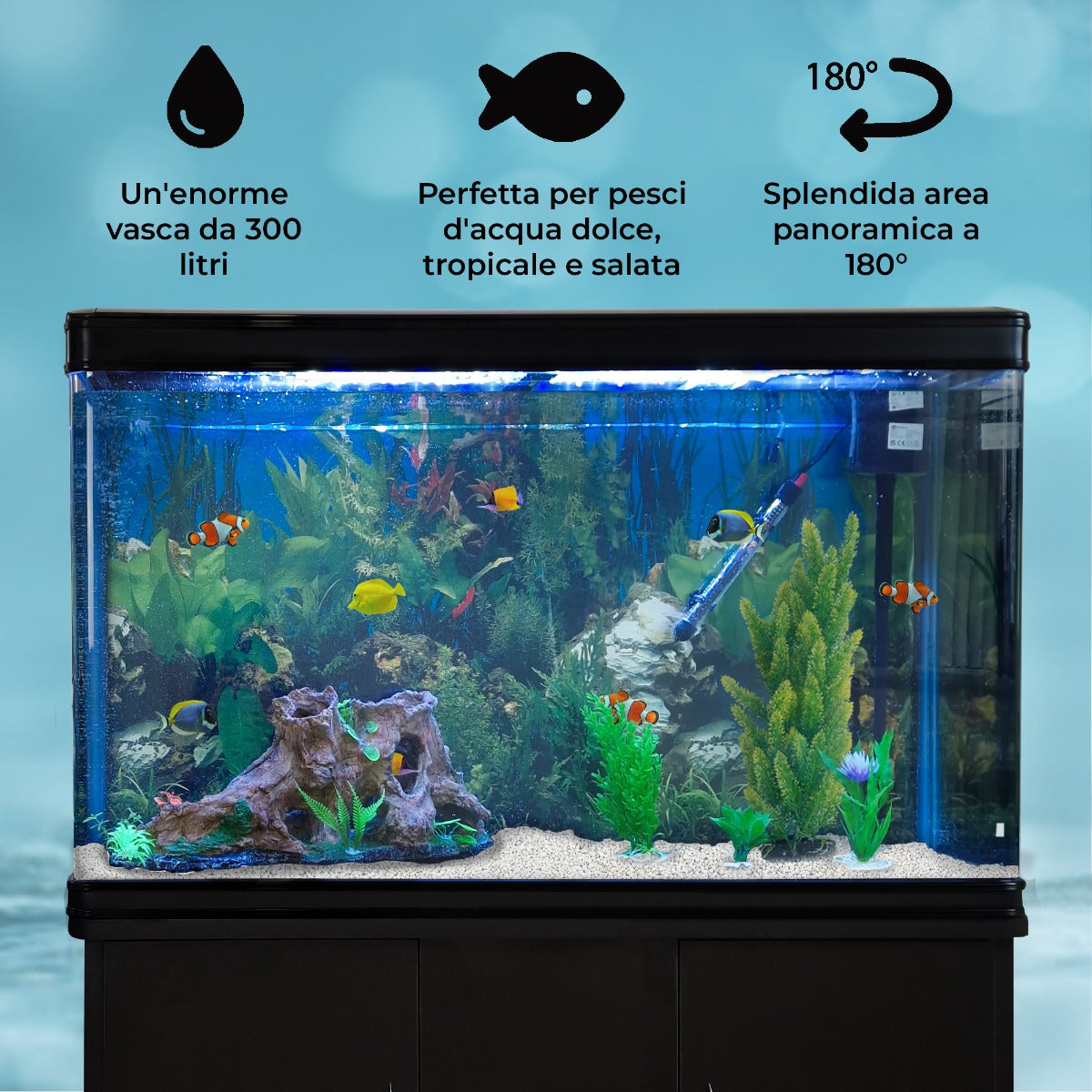 Q-Rax Acquario 300 Litri con Mobile Nero e Ghiaia Bianca