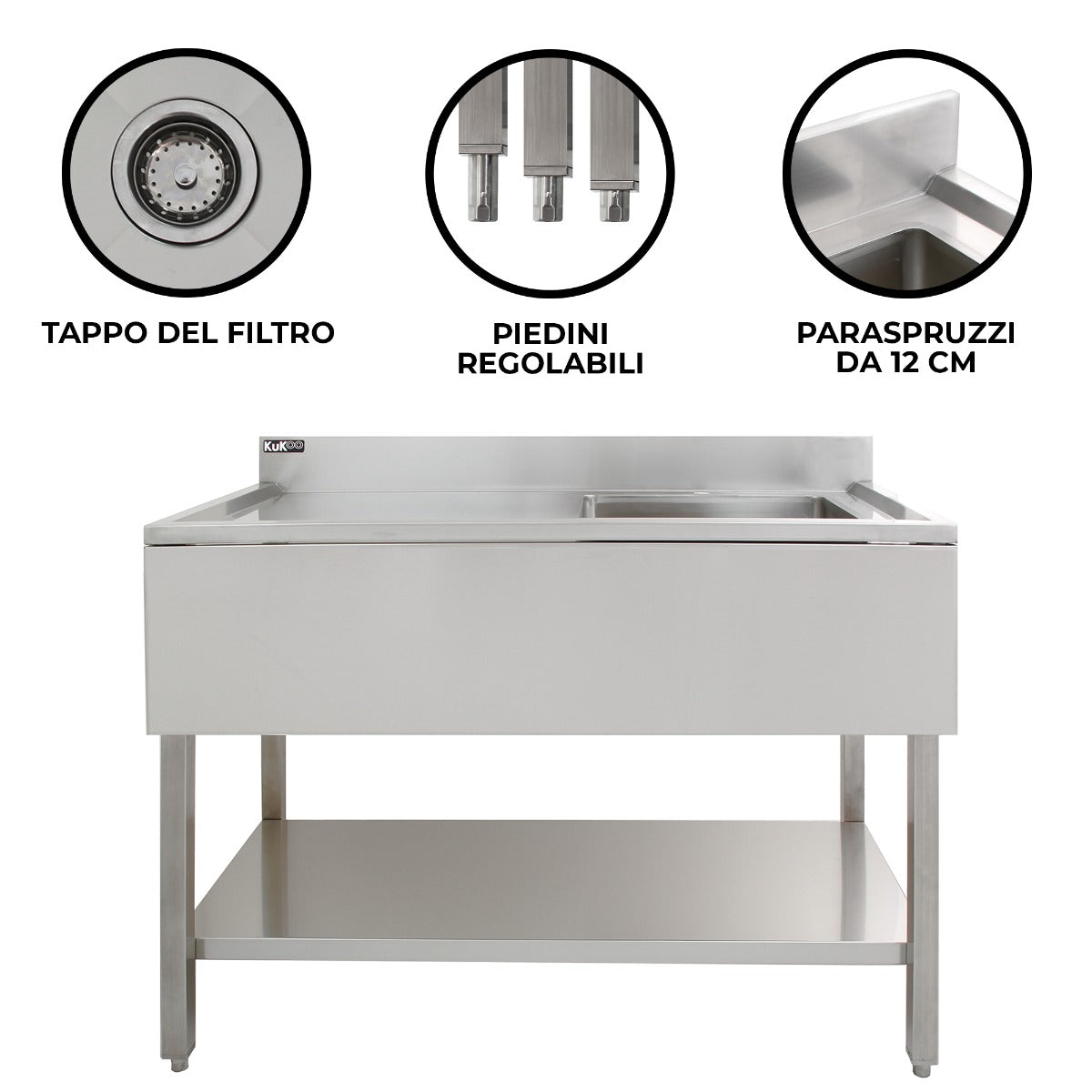 Q-Rax Lavello Inox Ristorazione 120 cm Sgocciolatoio a Sinistra
