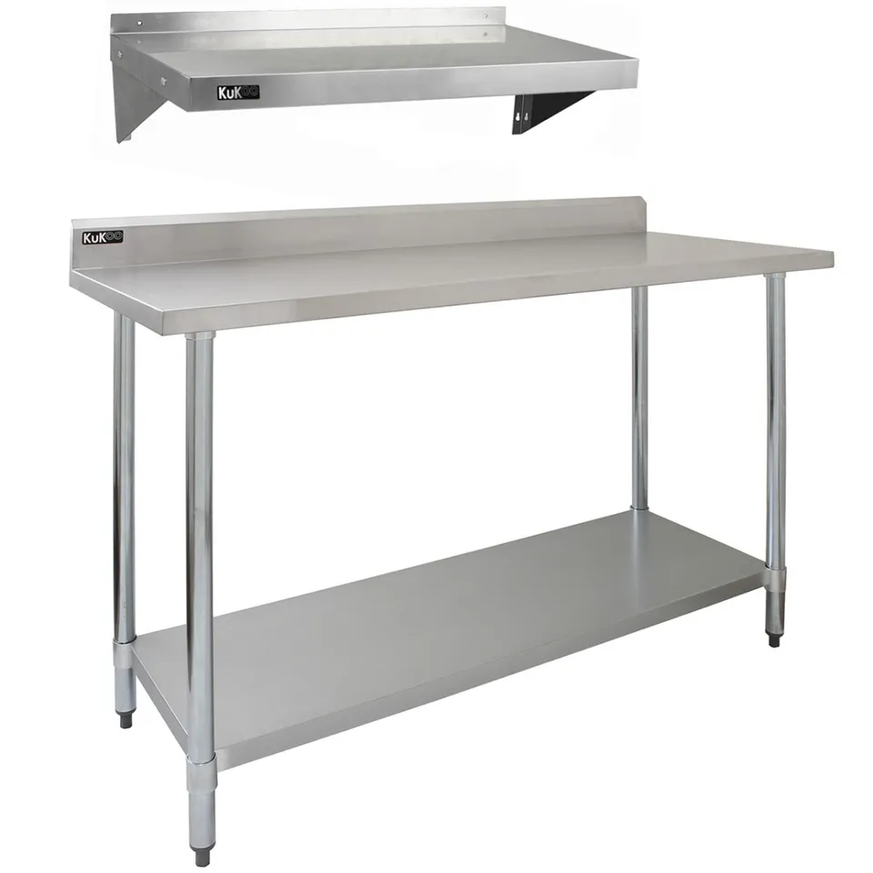 Q-Rax Tavolo Cucina Inox 150cm con 2 Mensole Muro 125cm