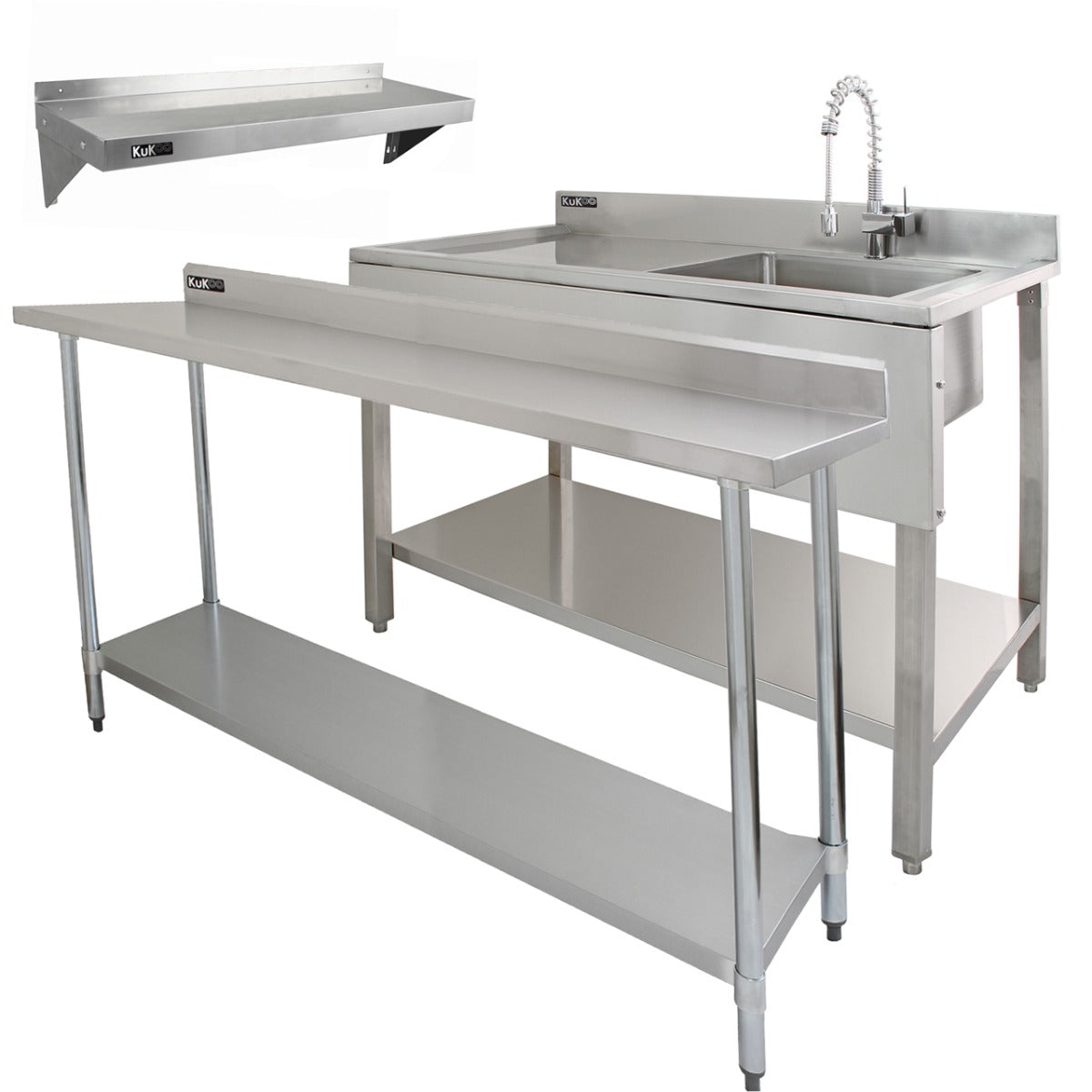 Q-Rax 180cm lavello commerciale sgocciolatoio sinistra + 2 mensole