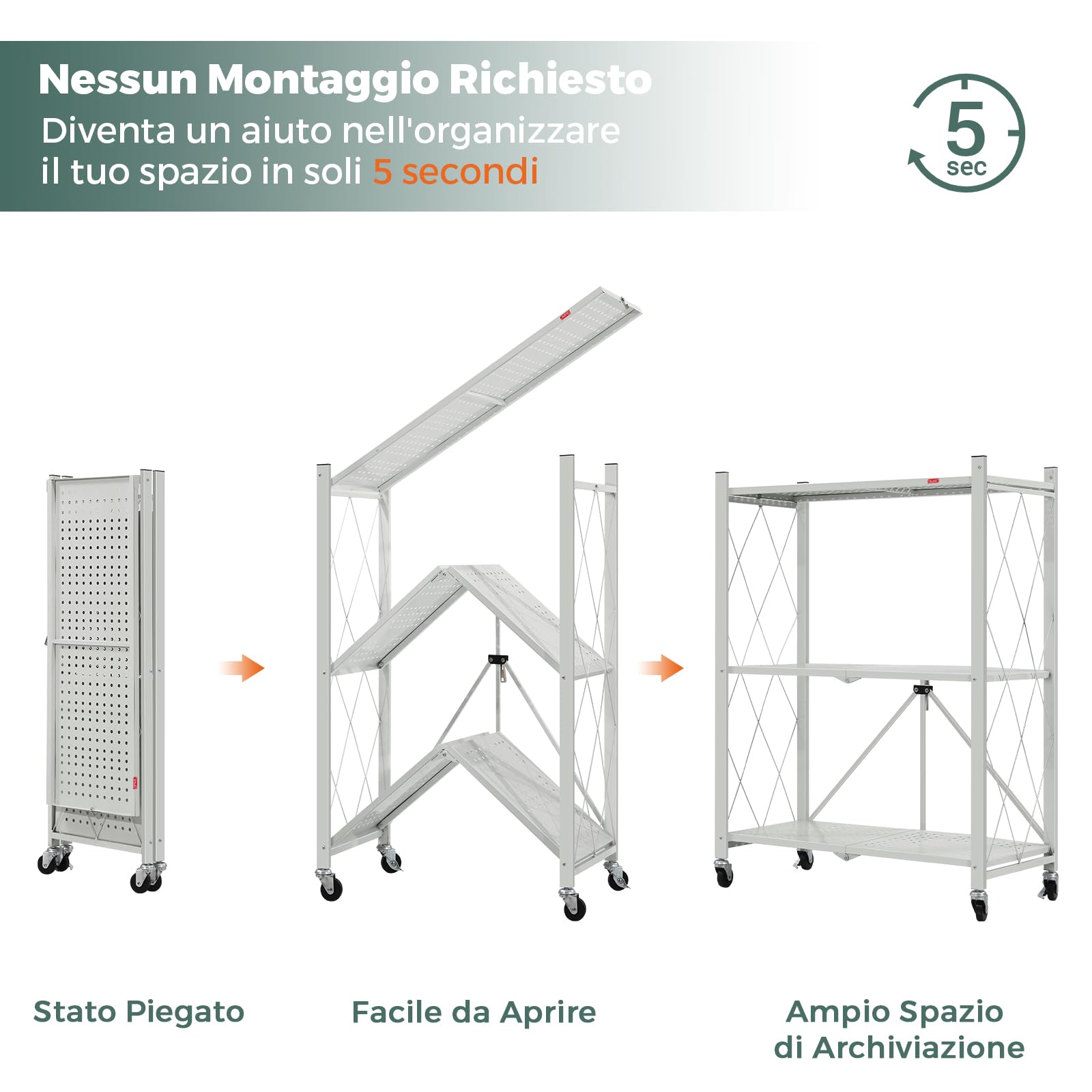 DEANIC Folding Storage Shelves scaffale metallo grigio 3 ripiani