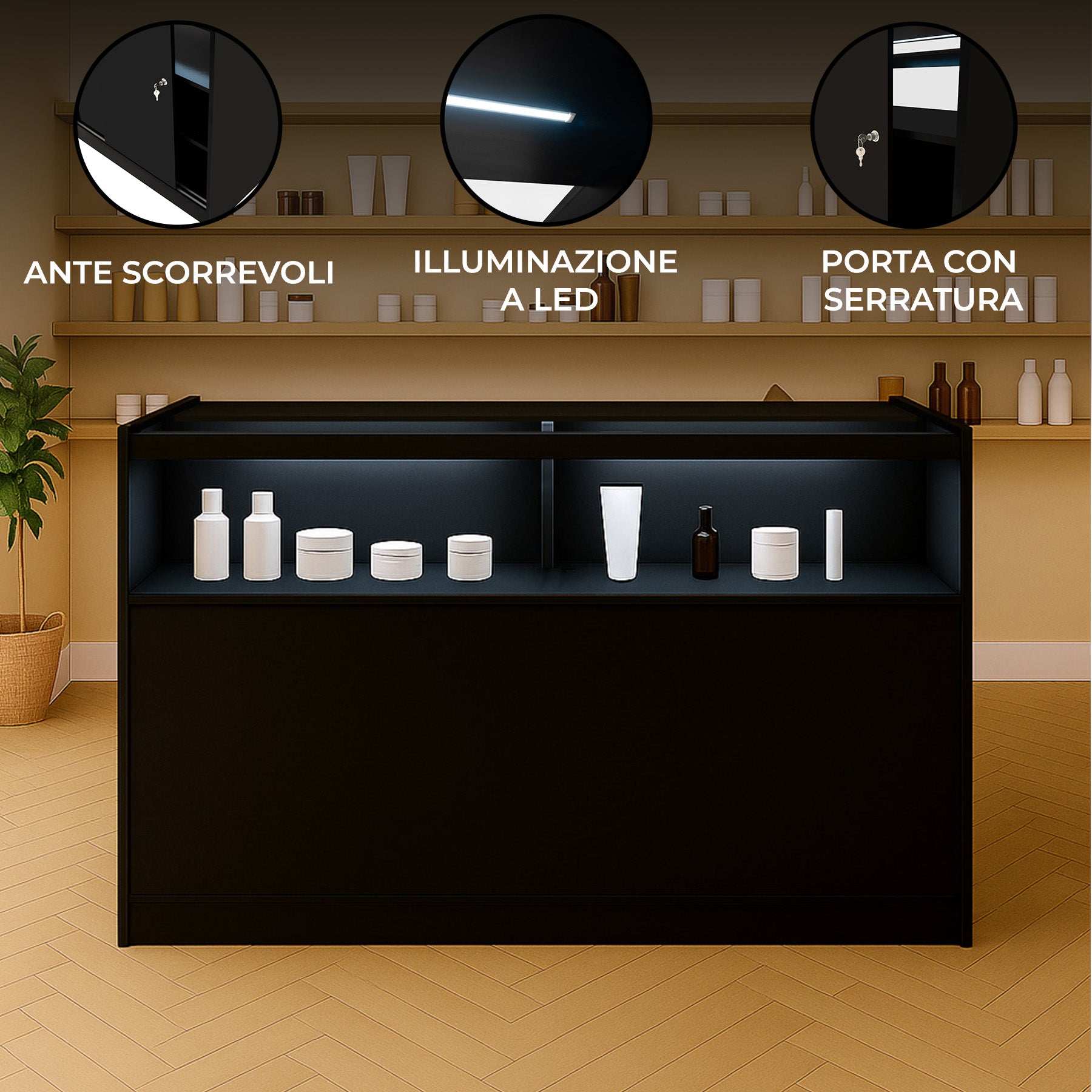 Q-Rax Banconi da Negozio B1500 Bancone Nero LED 150cm