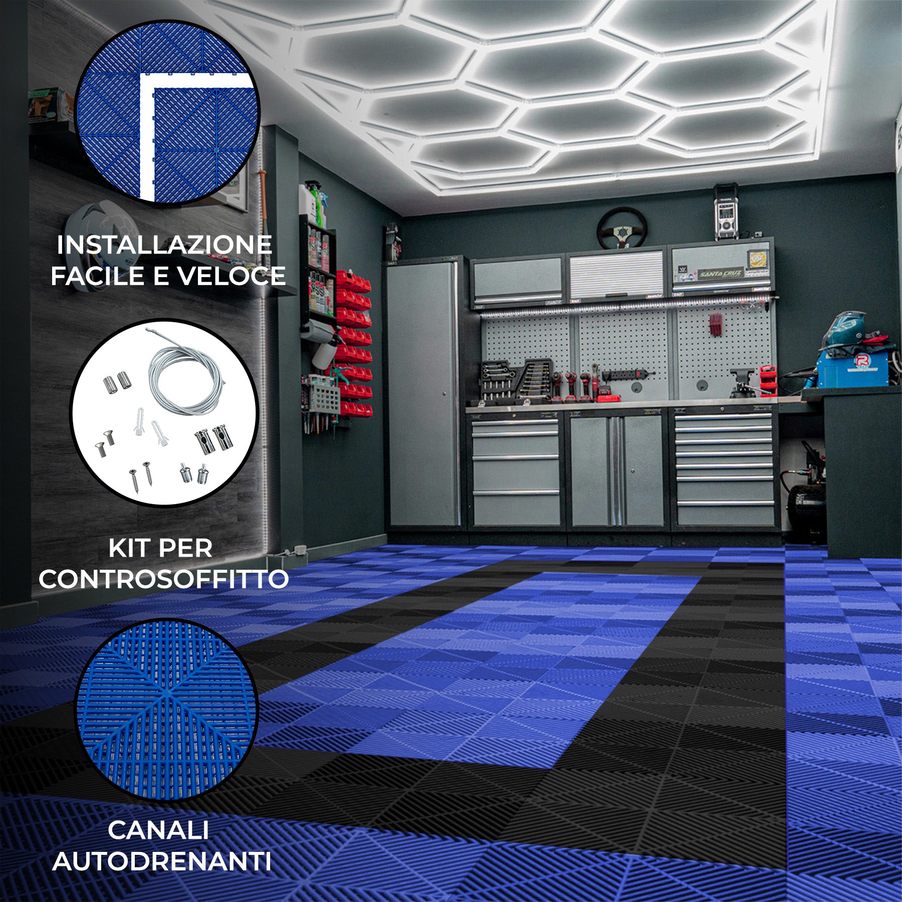 Q-Rax Piastrelle Garage Ventilate LED Esagonali Blu 19,2 mq Kit