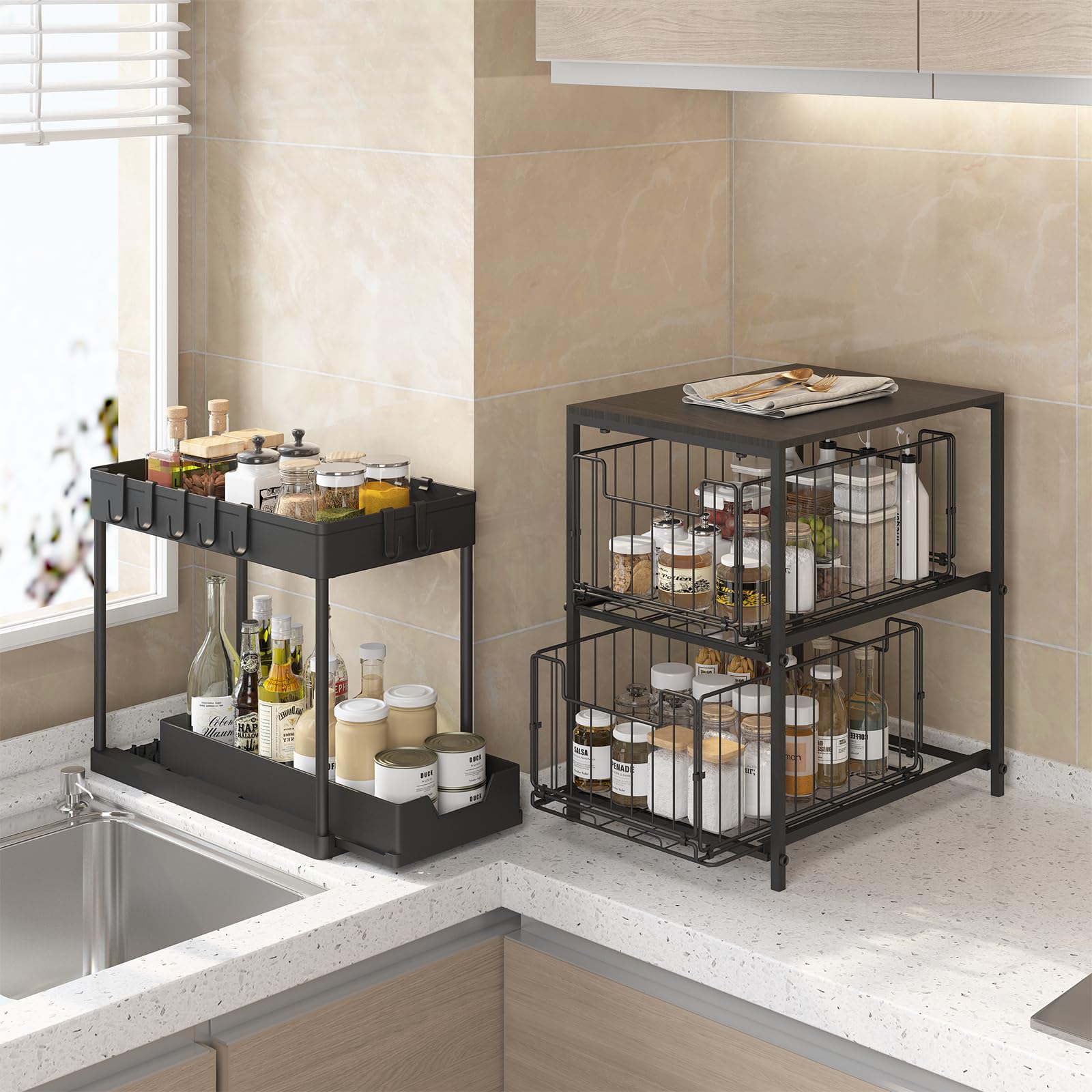 Meltrck Scaffale Portaspezie Organizer 2 Strati Nero Ebano
