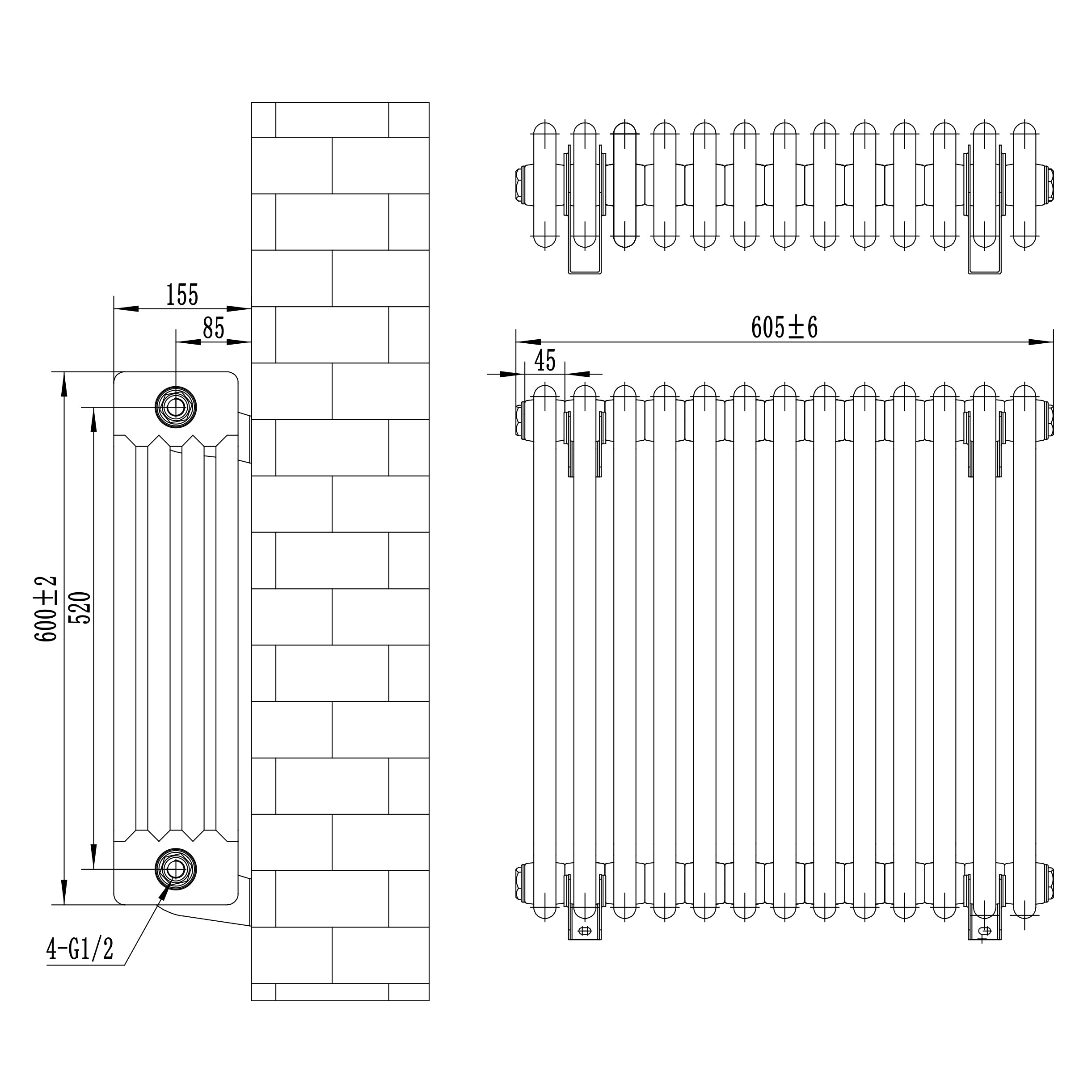 Q-Rax Radiatore Tradizionale 4 Colonne 600x605mm Nero