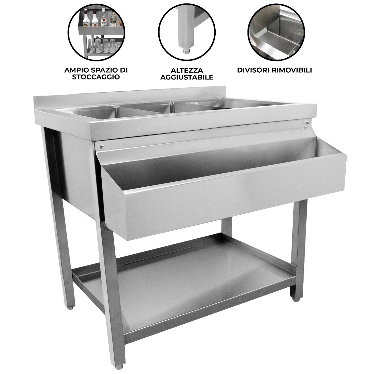 Q-Rax Bancone Postazione Barman Singola Inox 304 3 Vasche