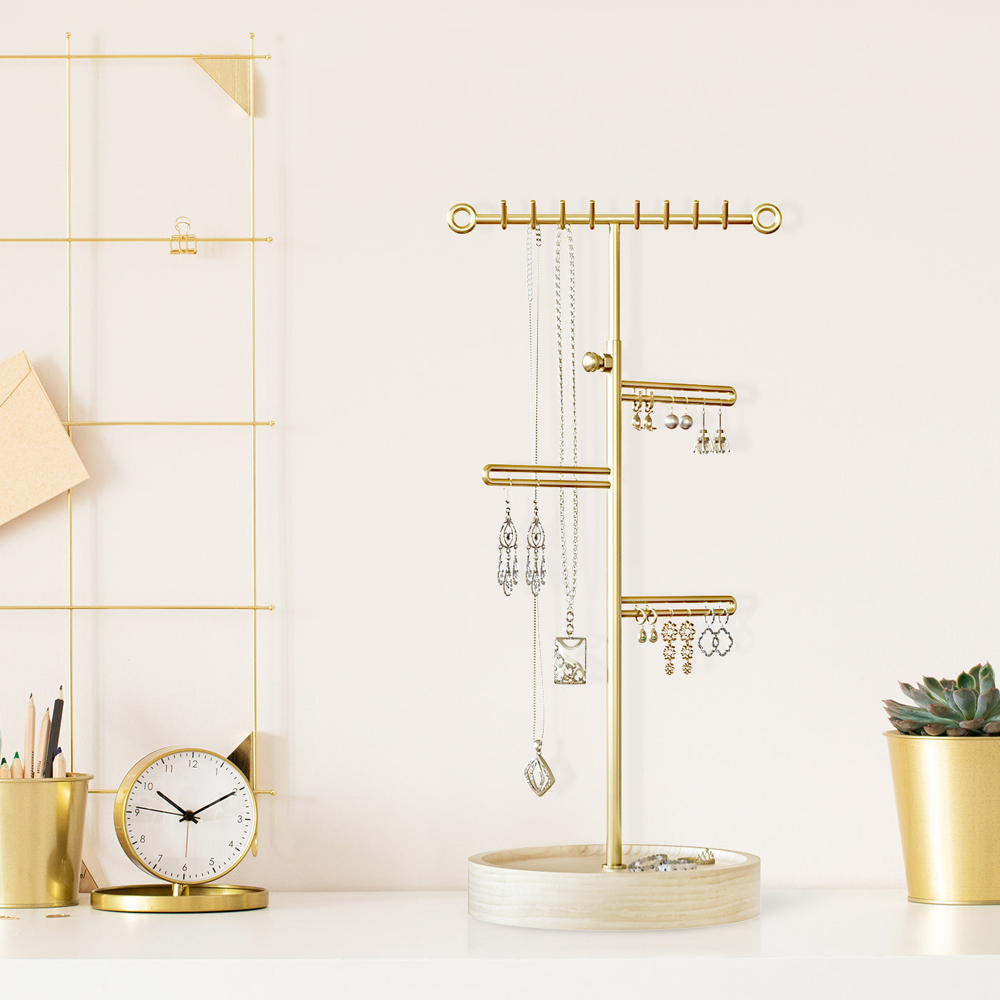 Jackcube Design Makeup & Jewelry albero gioielli oro con vassoio legno