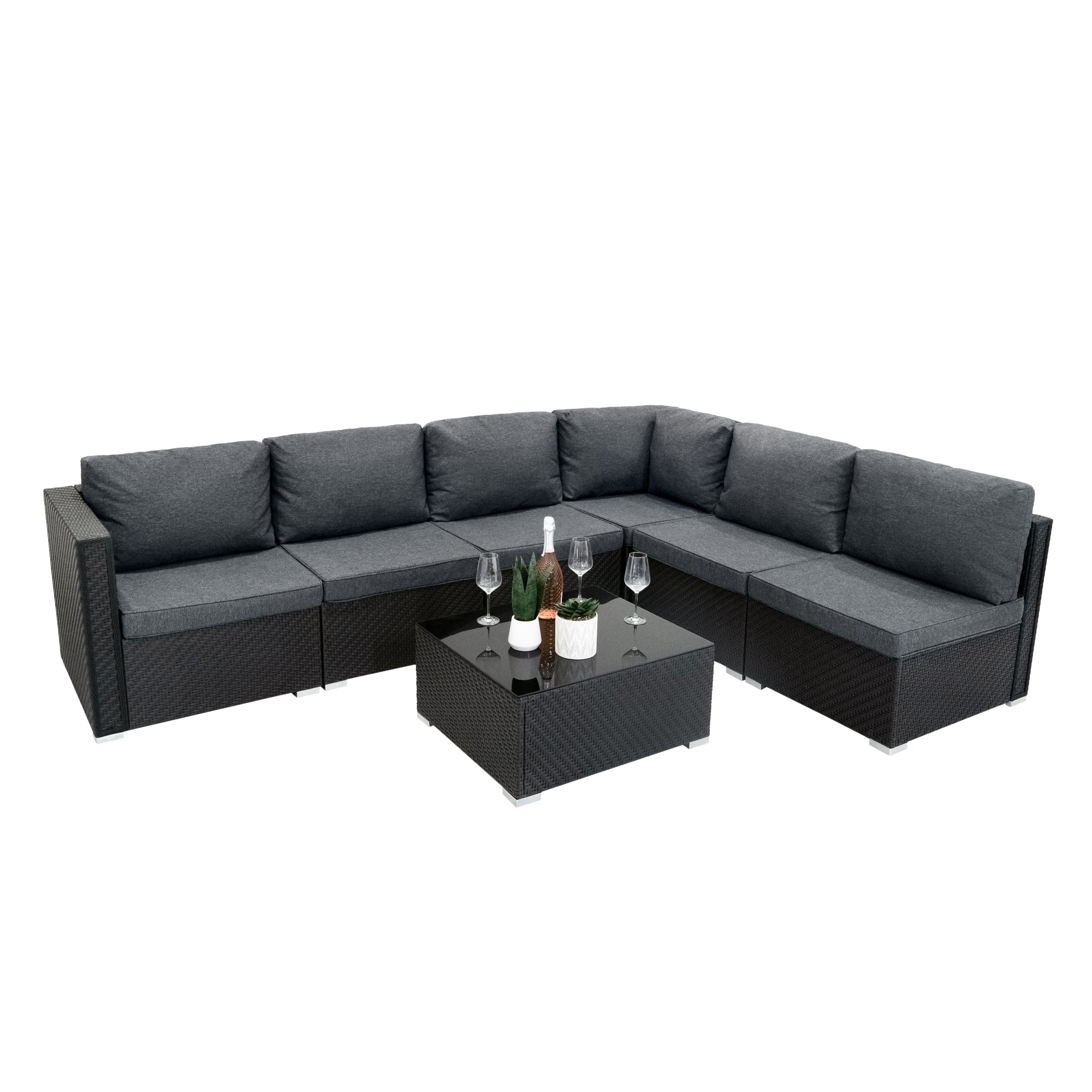 Q-Rax Set Mobili Giardino 7 Pezzi rattan nero con tavolino