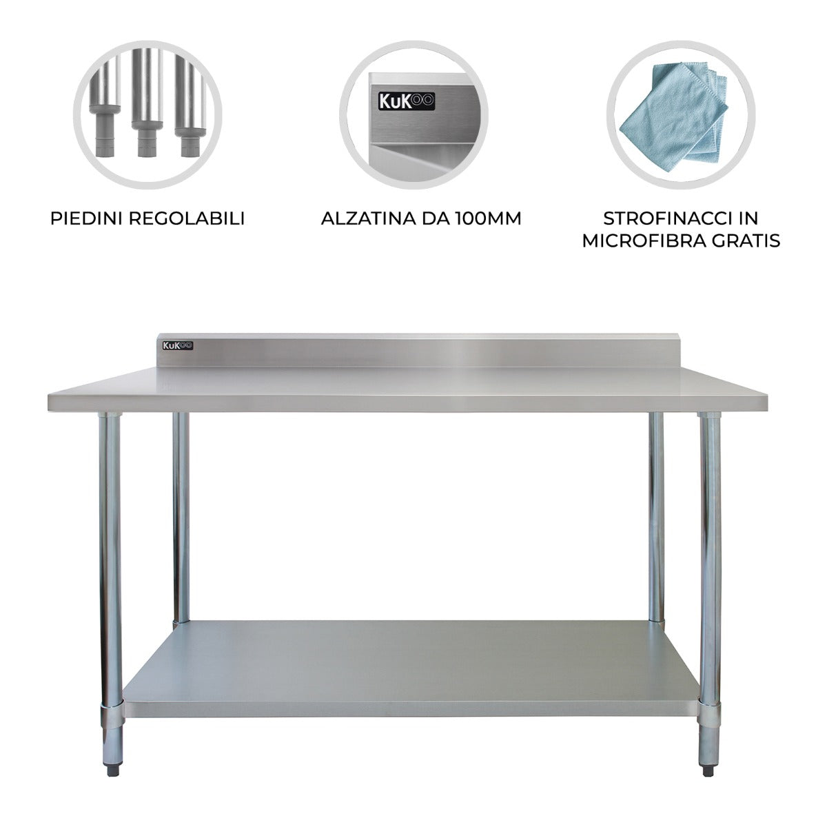 Q-Rax Tavolo Inox 120x60x90cm banco cucina alzatina 250 kg