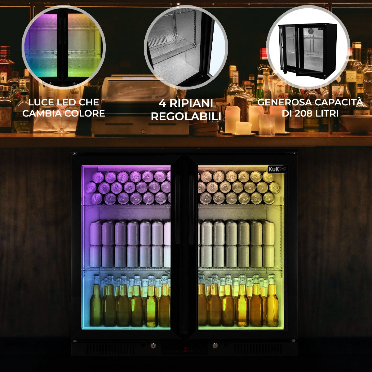 Q-Rax Back Bar Doppia Porta Frigo Bar 208L Vetrina LED