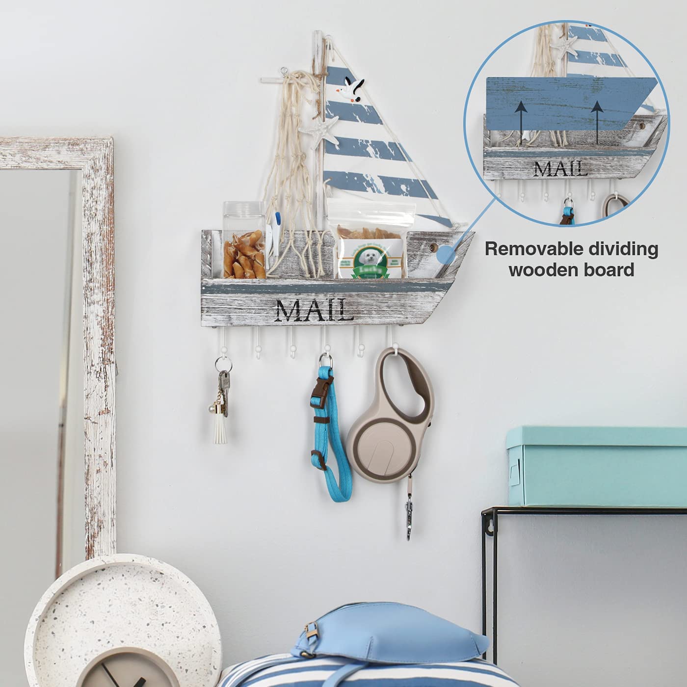 Jackcube Design Entryway Portalettere Legno Nautico Barca Azzurro Ganci