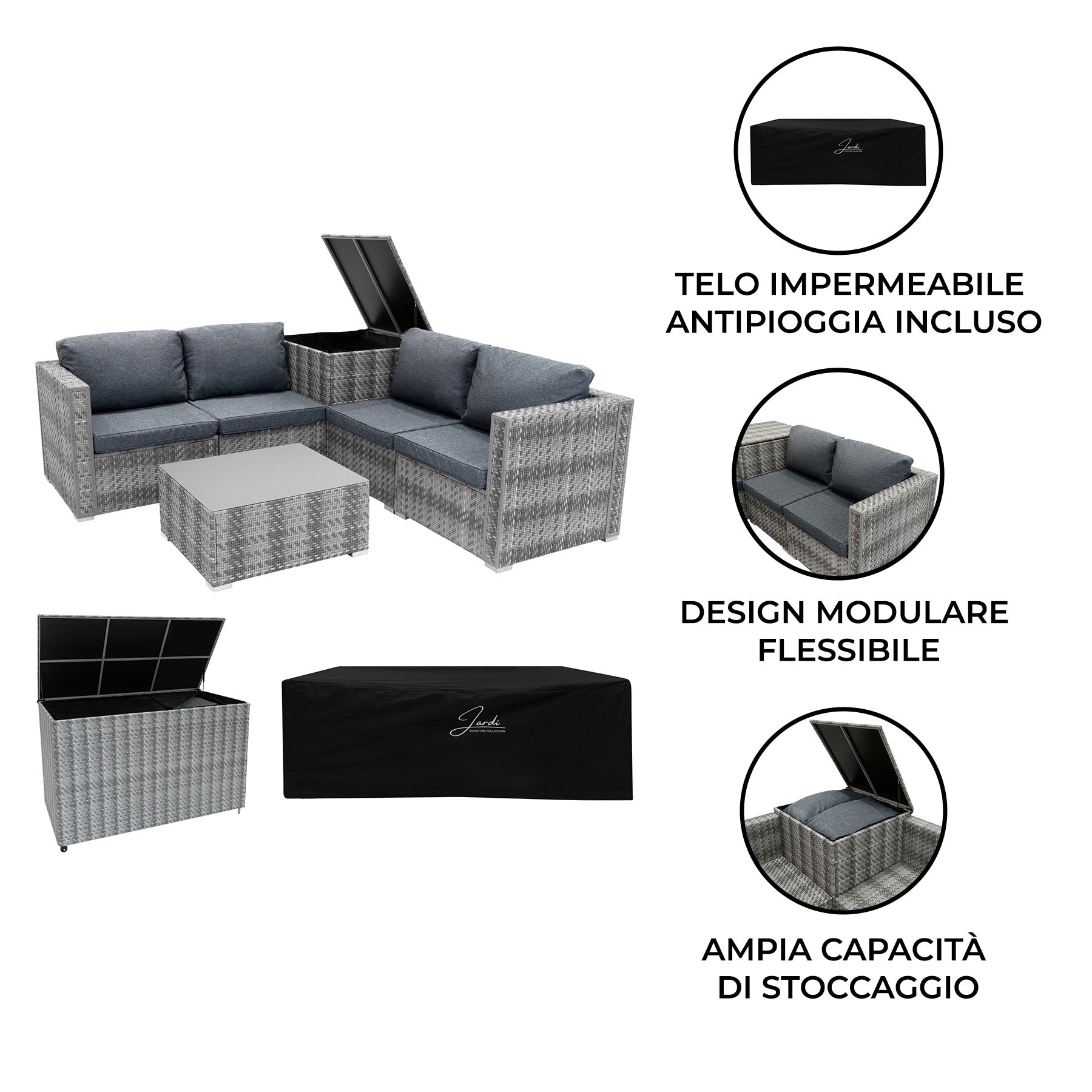 Q-Rax Set Rattan Grigio 6 Pezzi Tavolino Vetro Bauli 250+996L