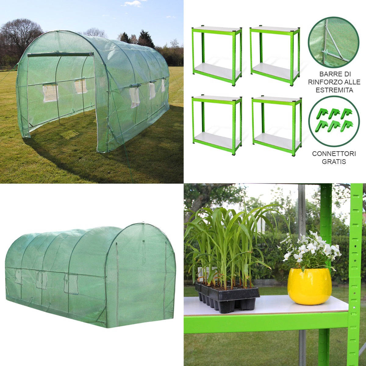 Q-Rax Serra Tunnel Giardino 5x2m 19mm con Scaffali Copertura PE