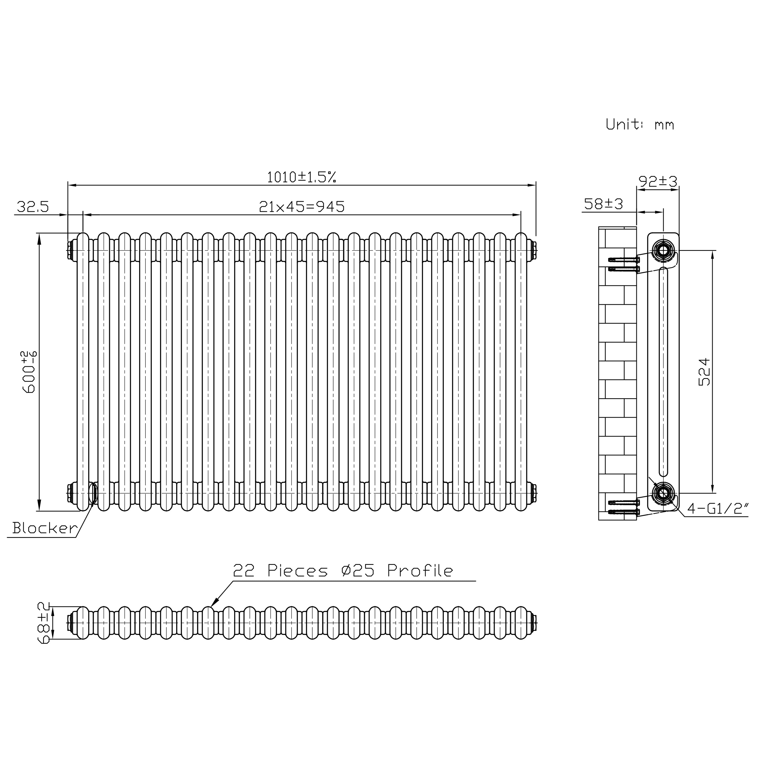 Q-Rax Radiatore Tradizionale 2 Colonne 600x1010 Metallo Grezzo