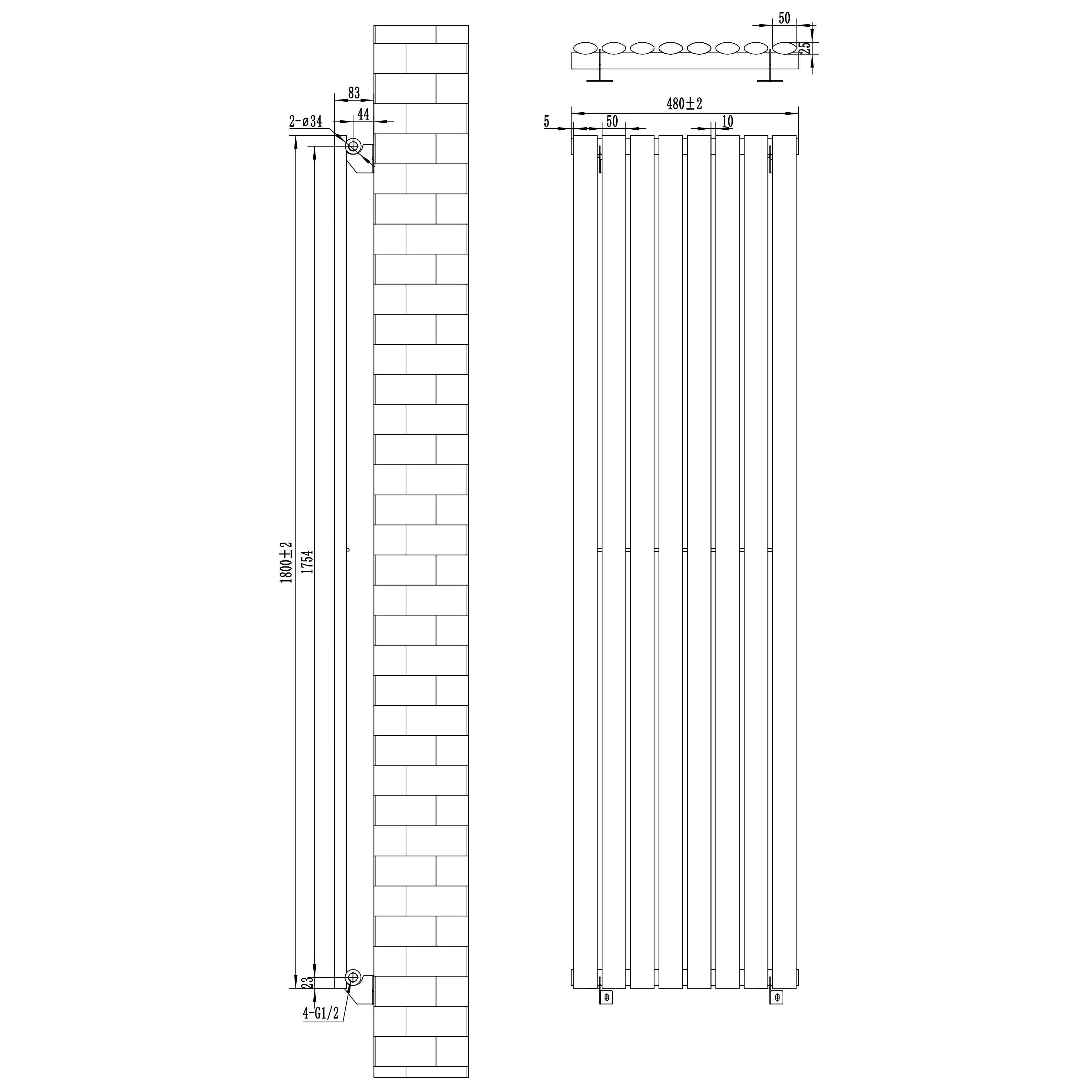 Q-Rax Radiatore Colonna 1800x480 Termosifone Antracite Valvole