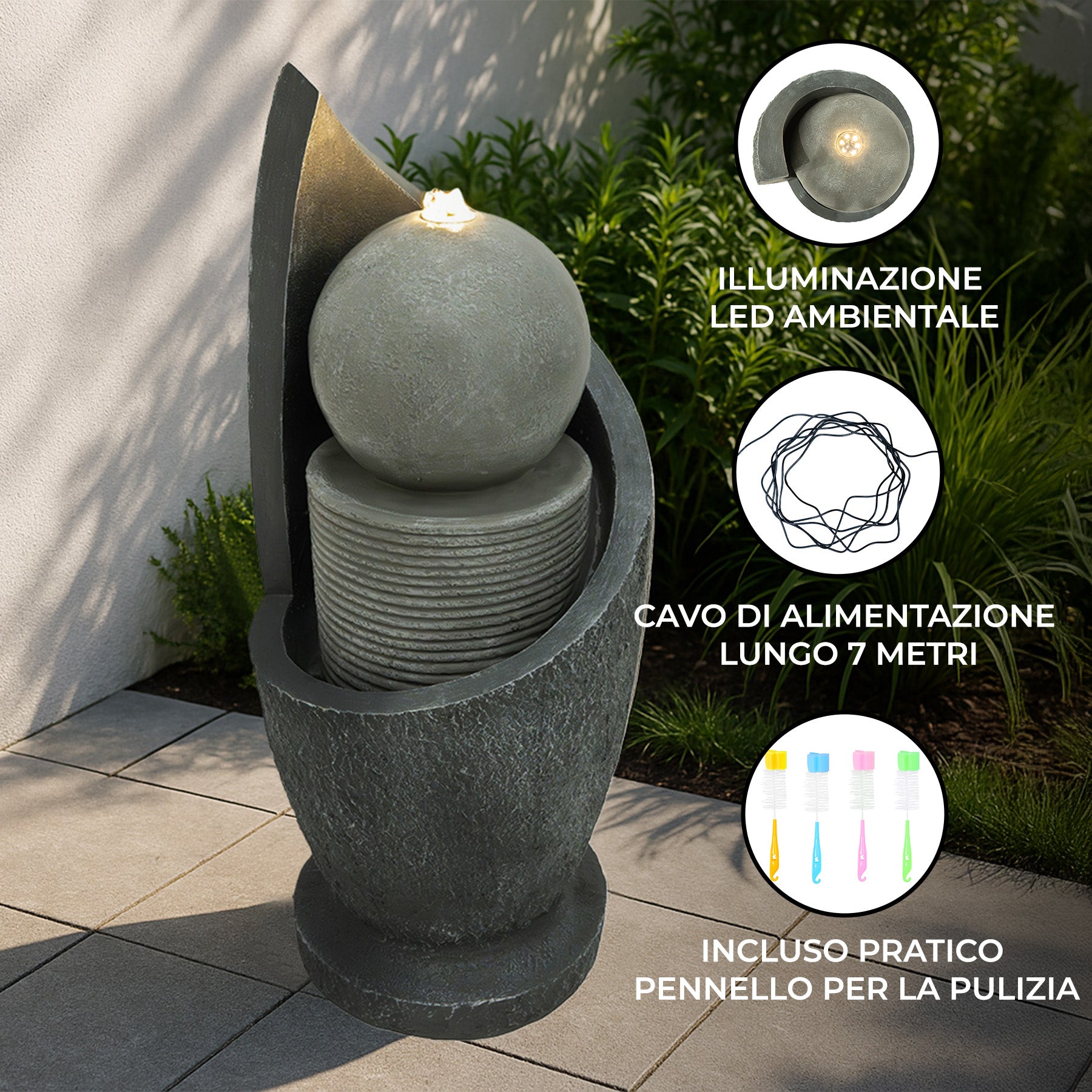 Q-Rax Zen Cascade Fontana Acqua Elettrica LED Sfera Giardino