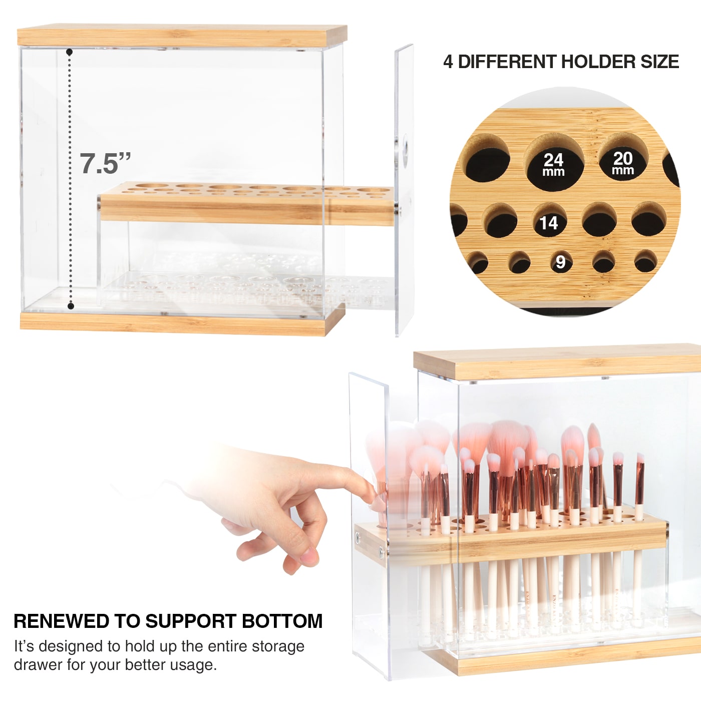 Jackcube Design Portapennelli Trucco 29 Fori Acrilico Bambù Trasparente