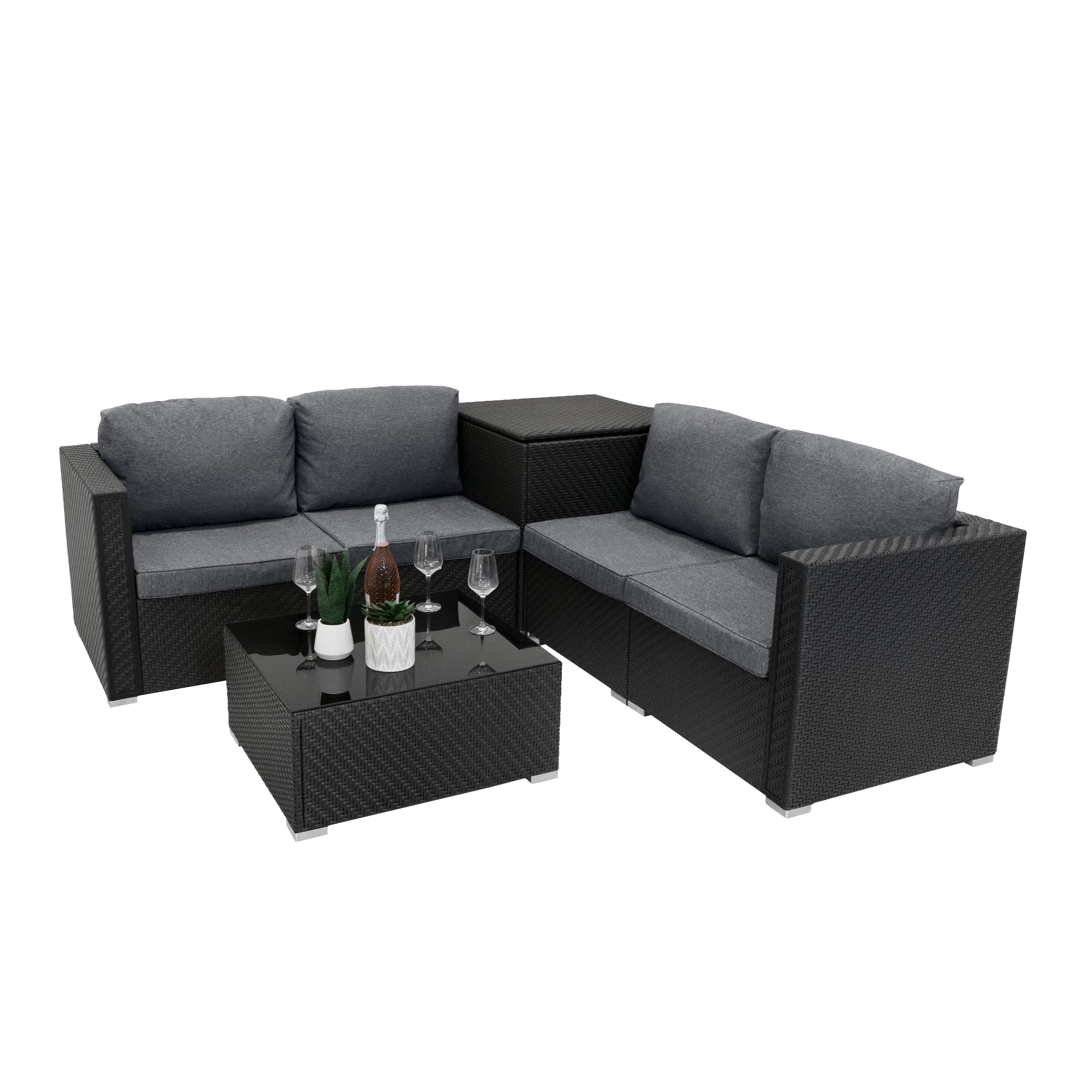 Q-Rax Set Mobili Giardino 6 Pezzi Rattan Nero con Baule