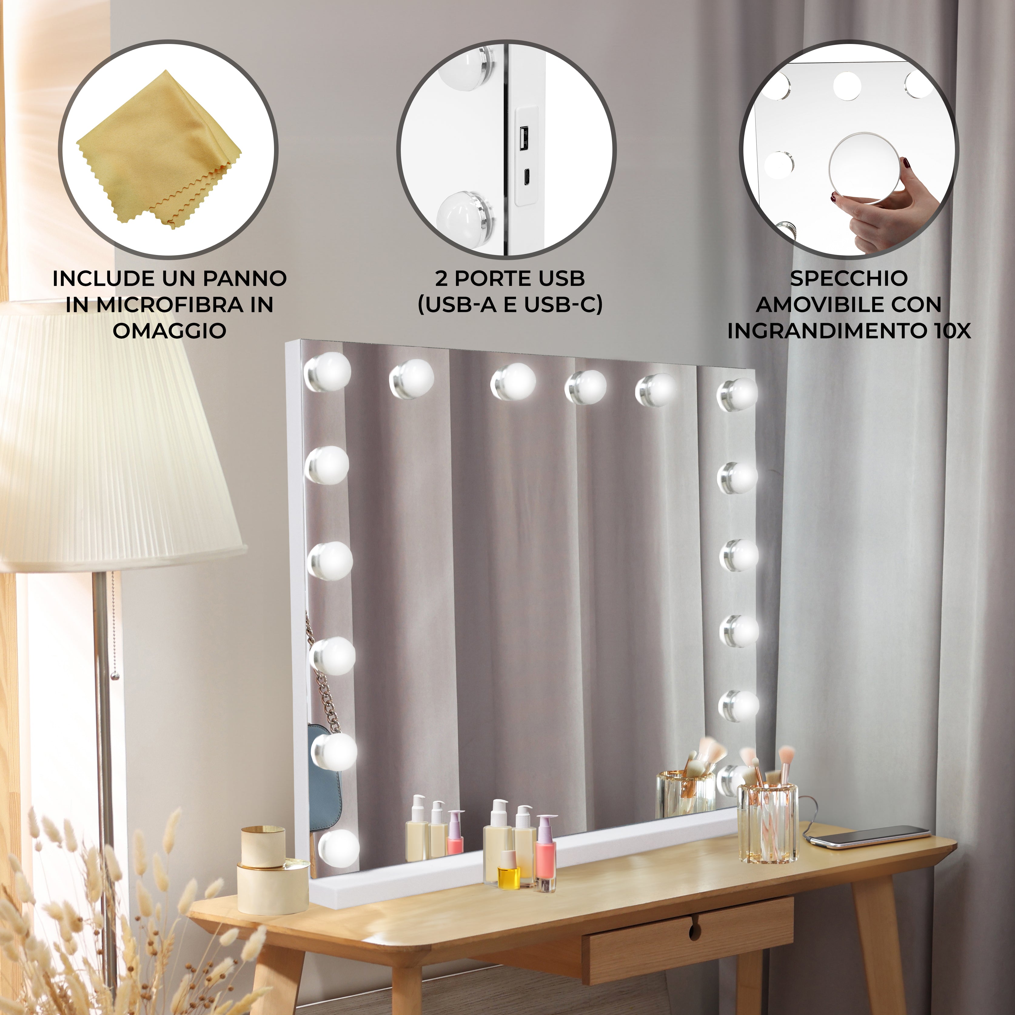 Q-Rax Specchio LED Bluetooth 80x60cm specchio trucco con USB