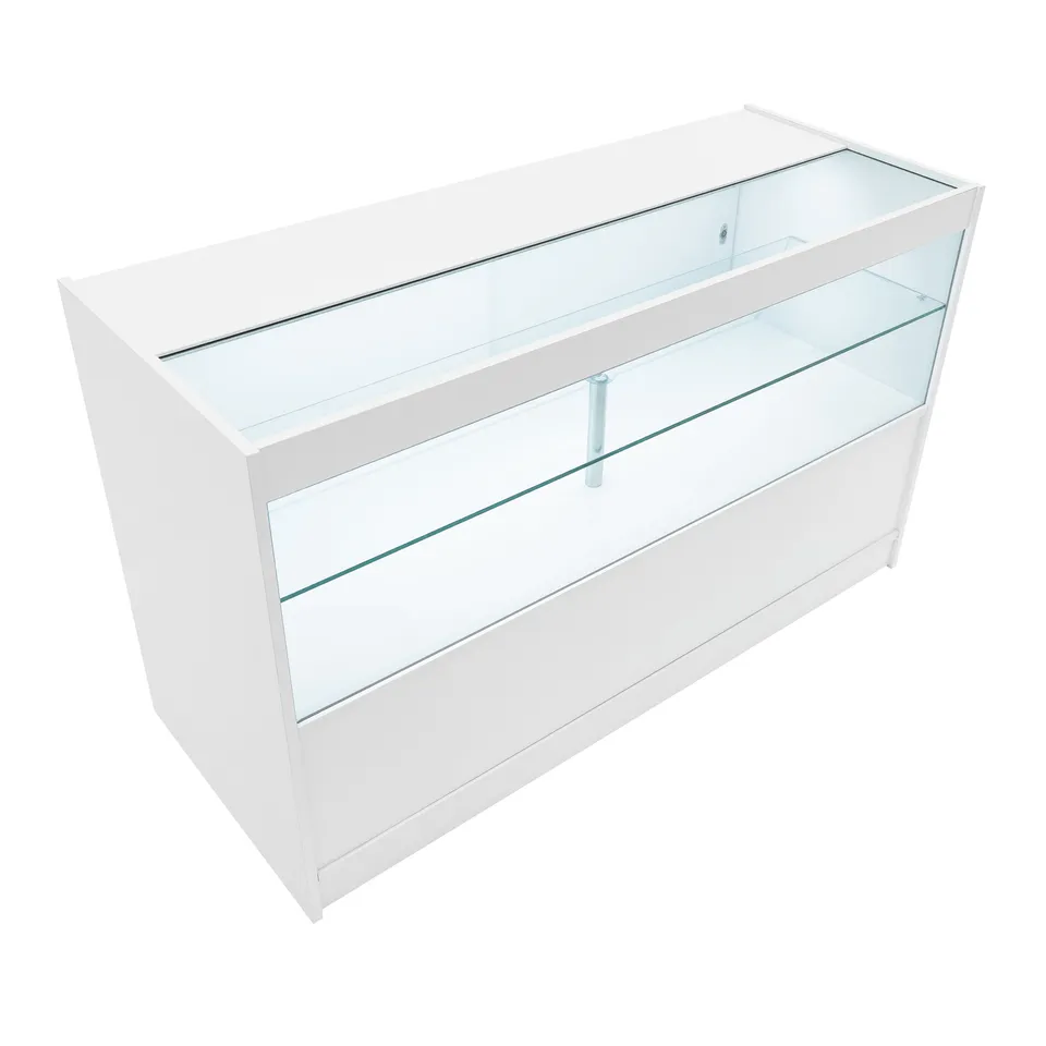 Q-Rax C1500 Bancone da Negozio LED Bianco Vetro 3 Ripiani Serratura