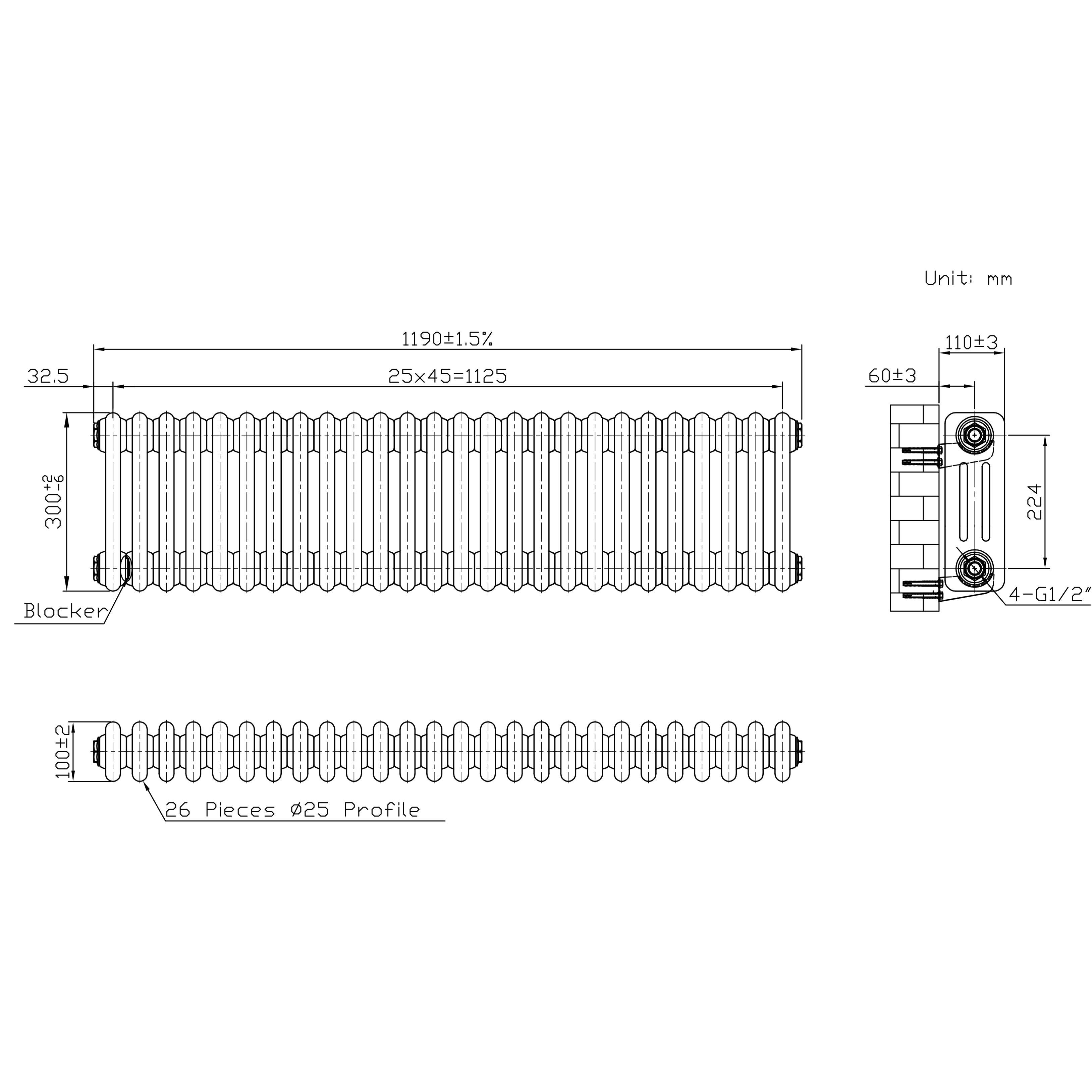 Q-Rax Radiatore Tradizionale 3 Colonne 300x1190 Metallo Grezzo