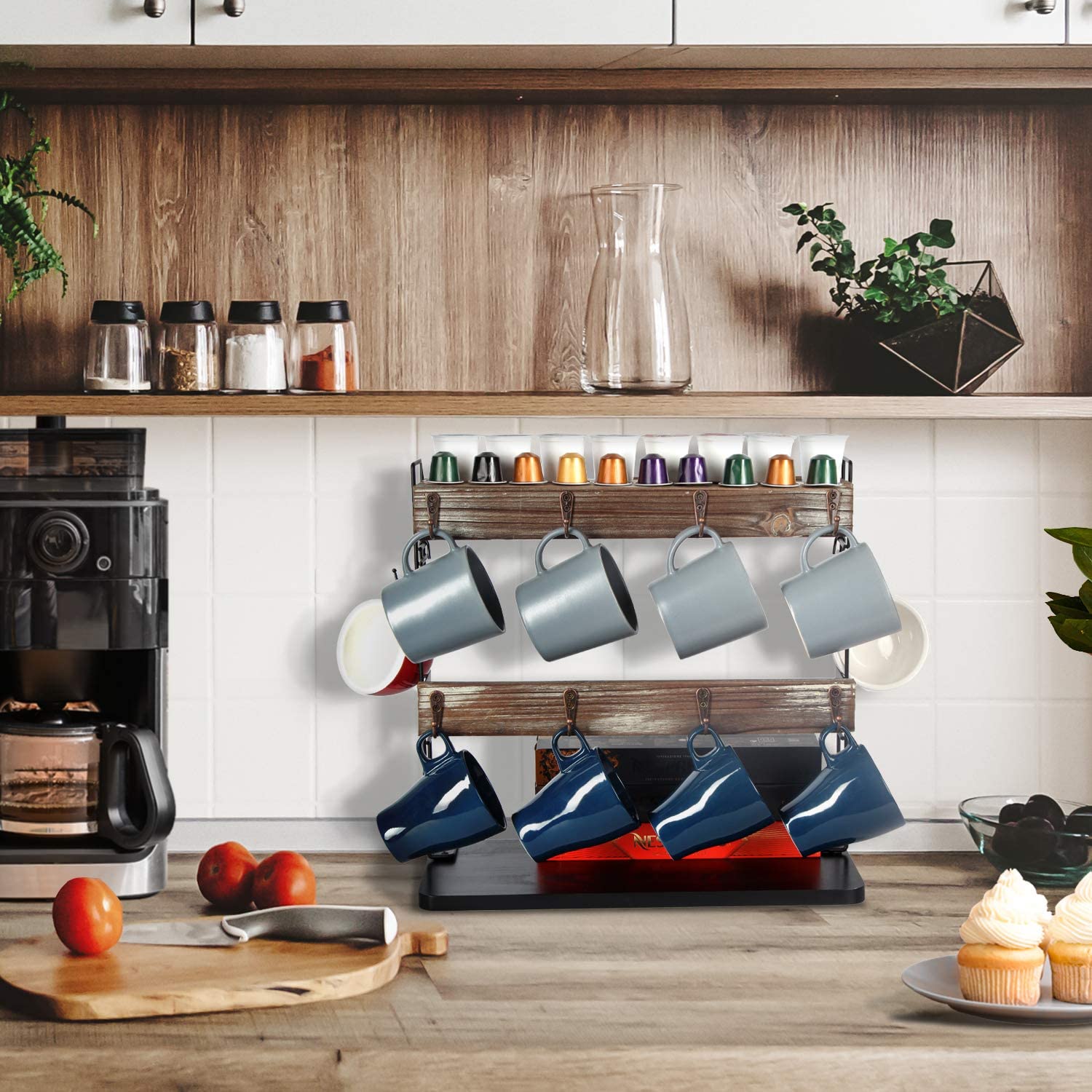 Jackcube Design Kitchen Porta Tazze Legno 2 Piani 10 Ganci 18 Tazze