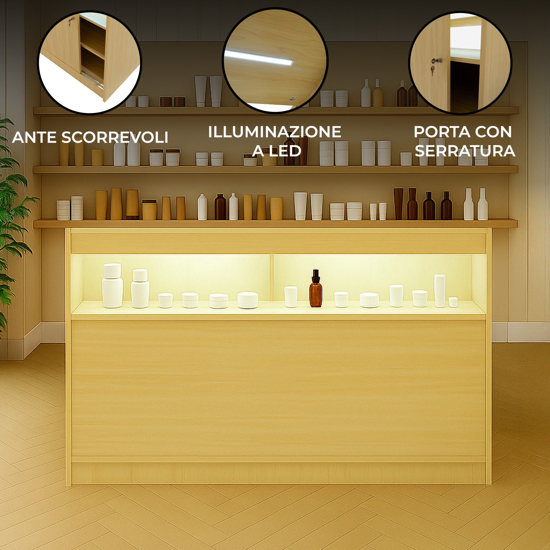 Q-Rax B1500 Bancone da Negozio LED Acero 150 cm con Vetrina