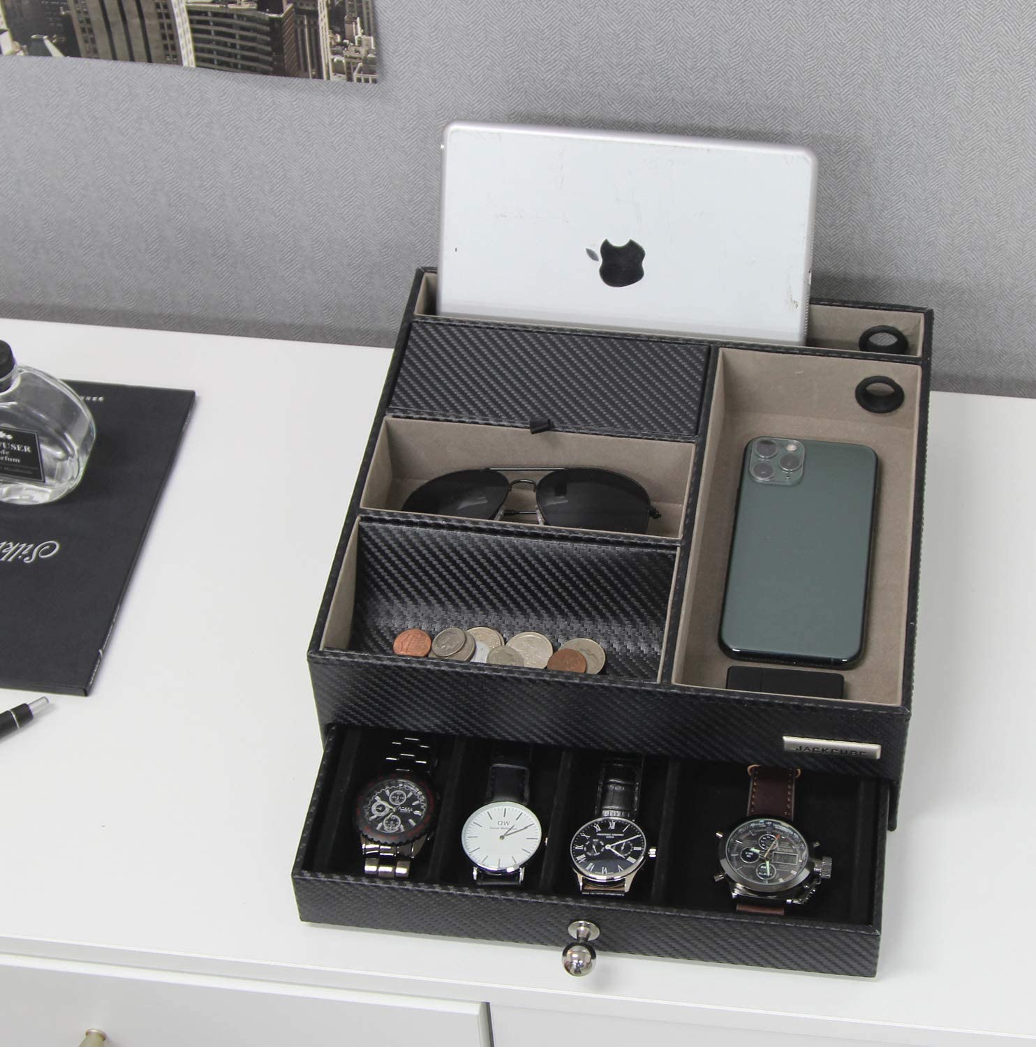 Jackcube Design Dressroom Vassoio Svuotatasche Pelle Nero con Cassetto