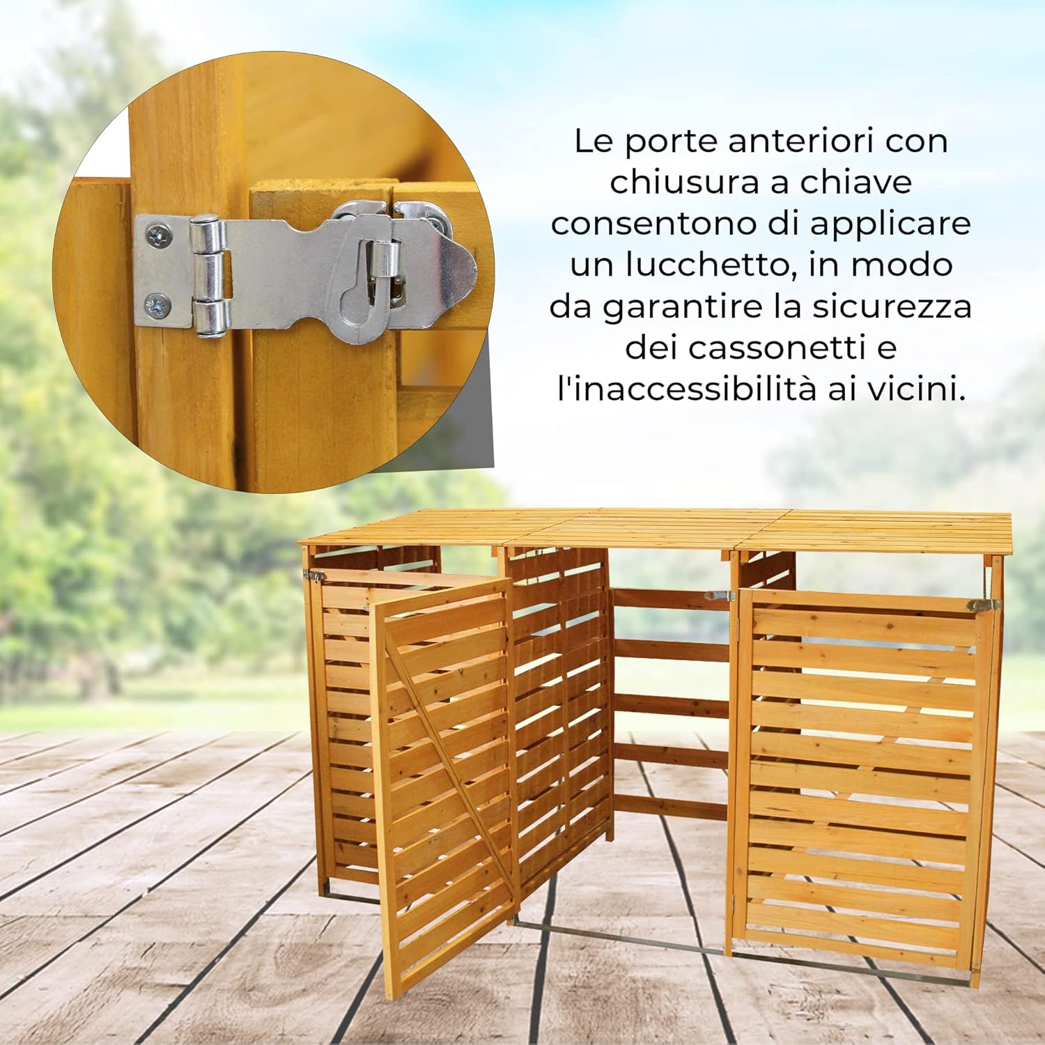 Q-Rax Deposito Copribidone Legno Triplo 3x240L Abete con Chiave