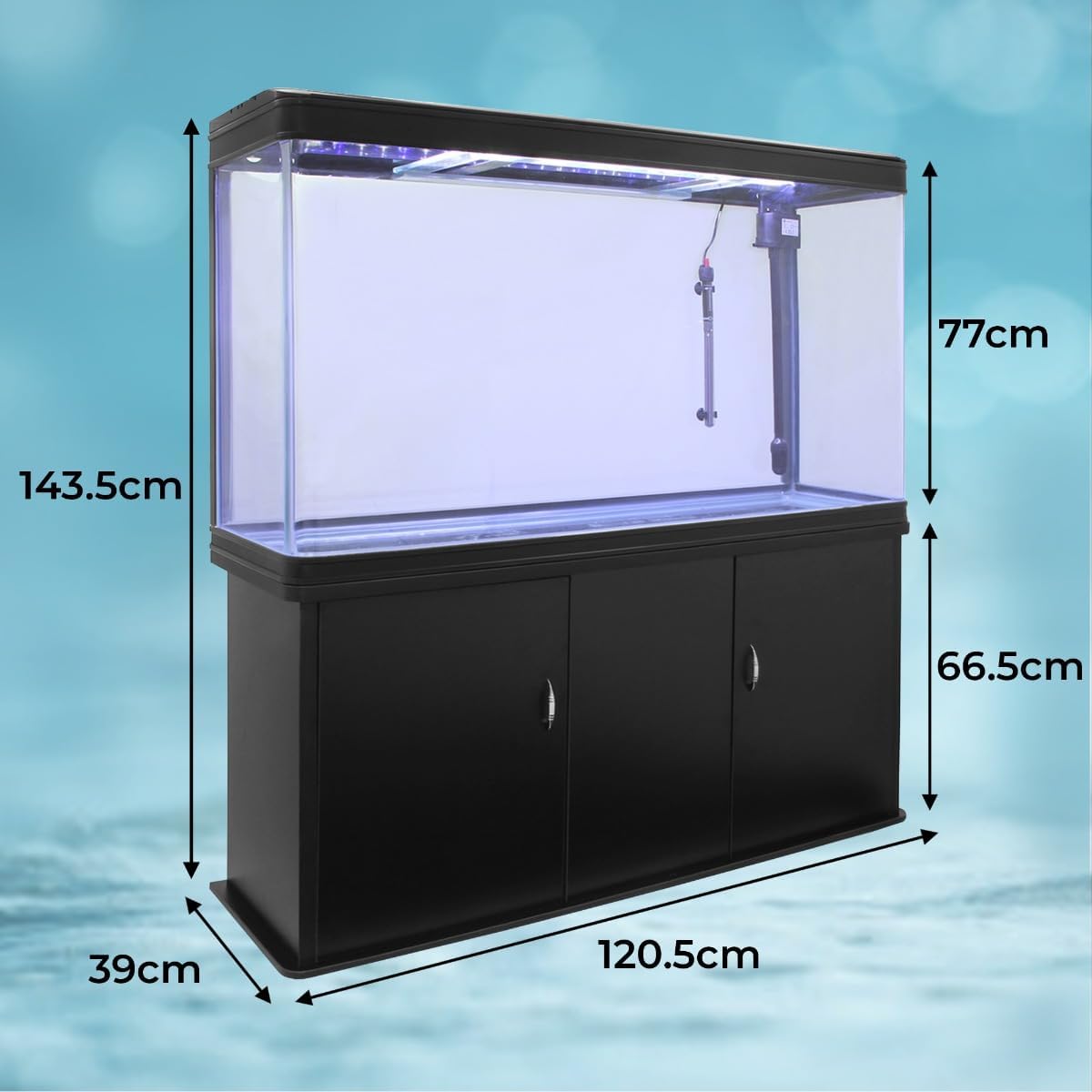 Q-Rax 300 litri acquario con mobile nero piante e ghiaia