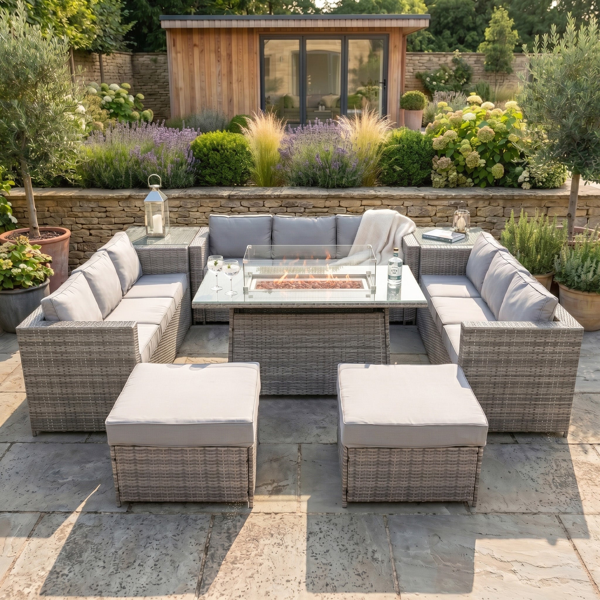 Q-Rax Set Mobili Giardino Rattan 11 Posti Grigio con Tavolo Firepit
