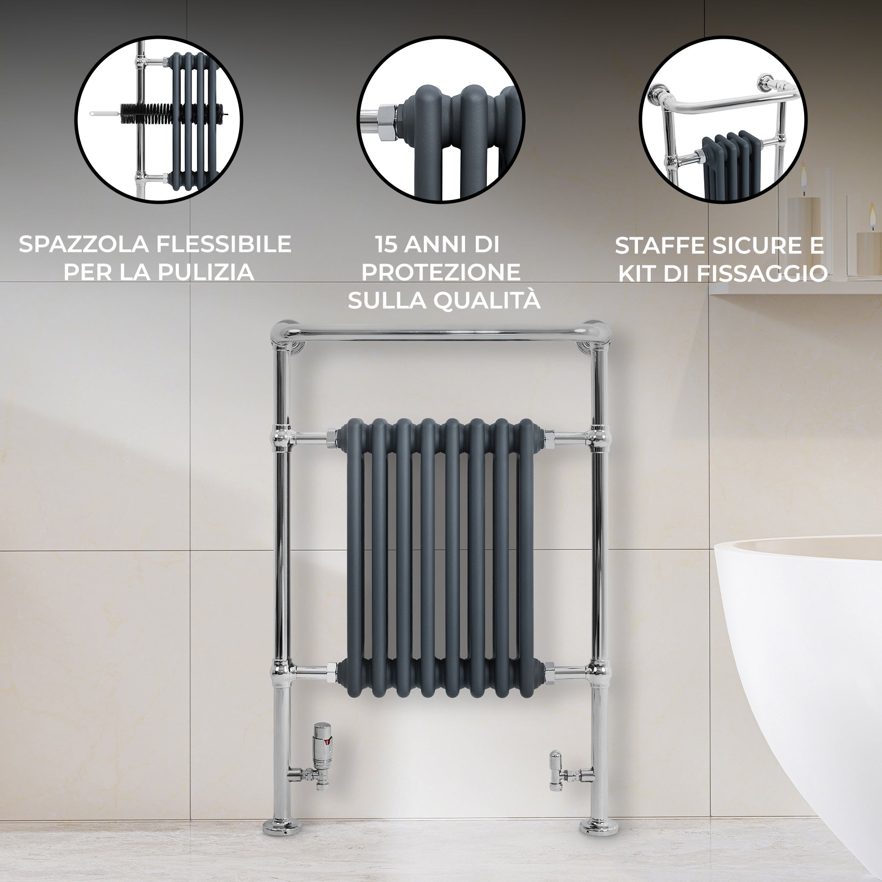 Q-Rax Scaldasalviette 950x660 Grigio Antracite Barra Cromata
