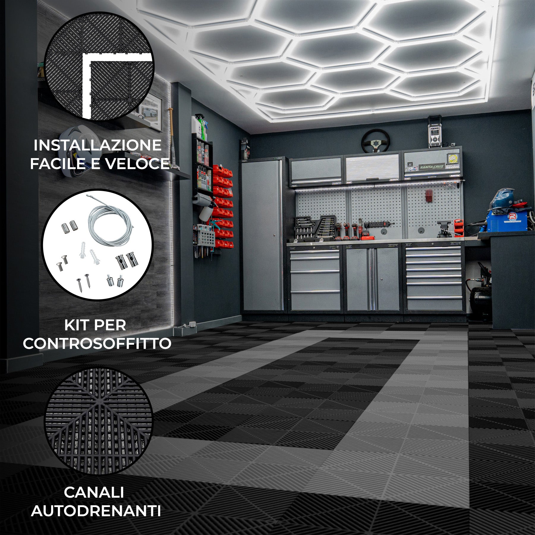 Q-Rax Piastrelle Garage 36 mq Nere Grigie + 2 LED Esagonali