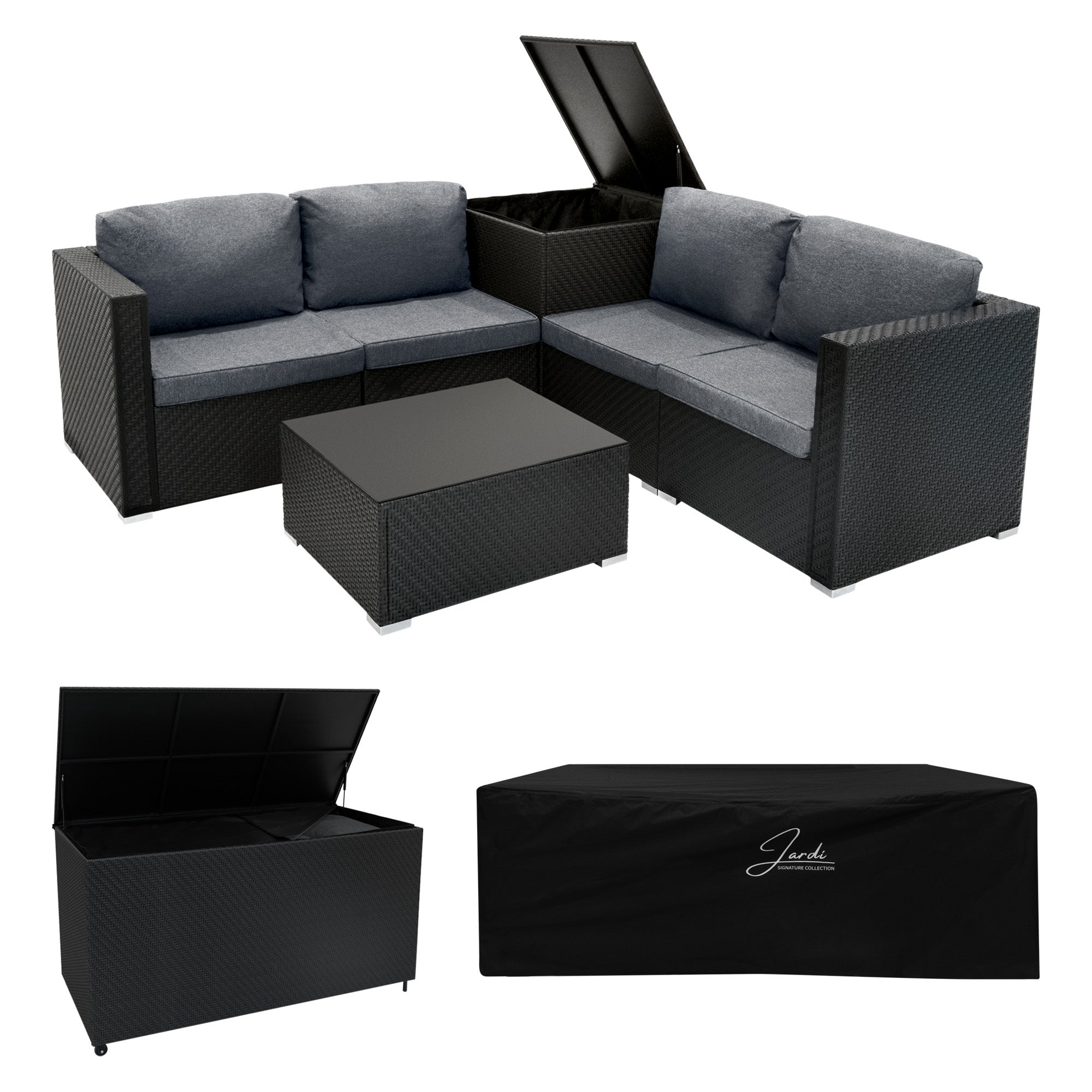 Q-Rax Set Rattan Nero 6 Pezzi con Tavolino e Bauli 250+700L