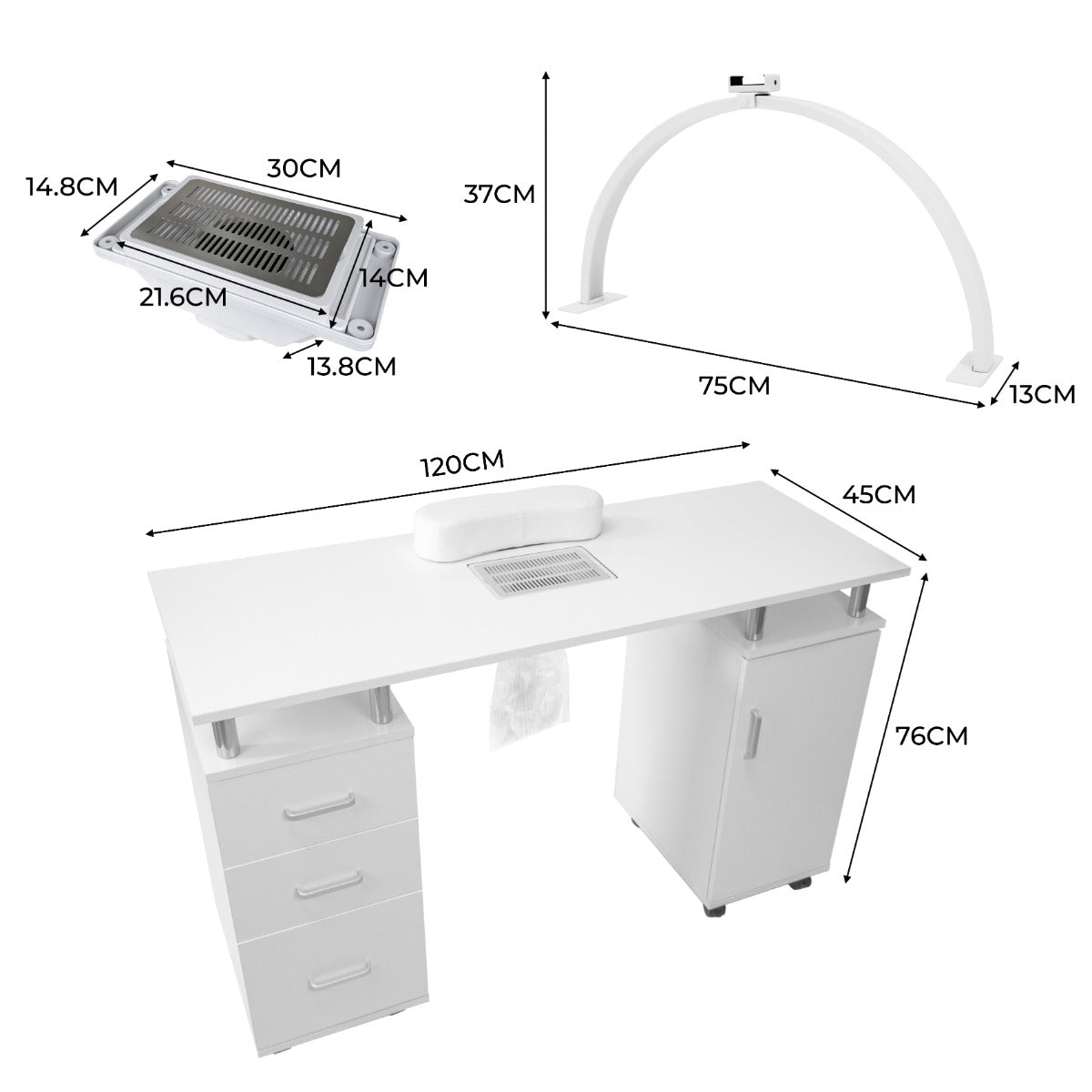 Q-Rax Tavolo Manicure 120cm Bianco con Lampada LED
