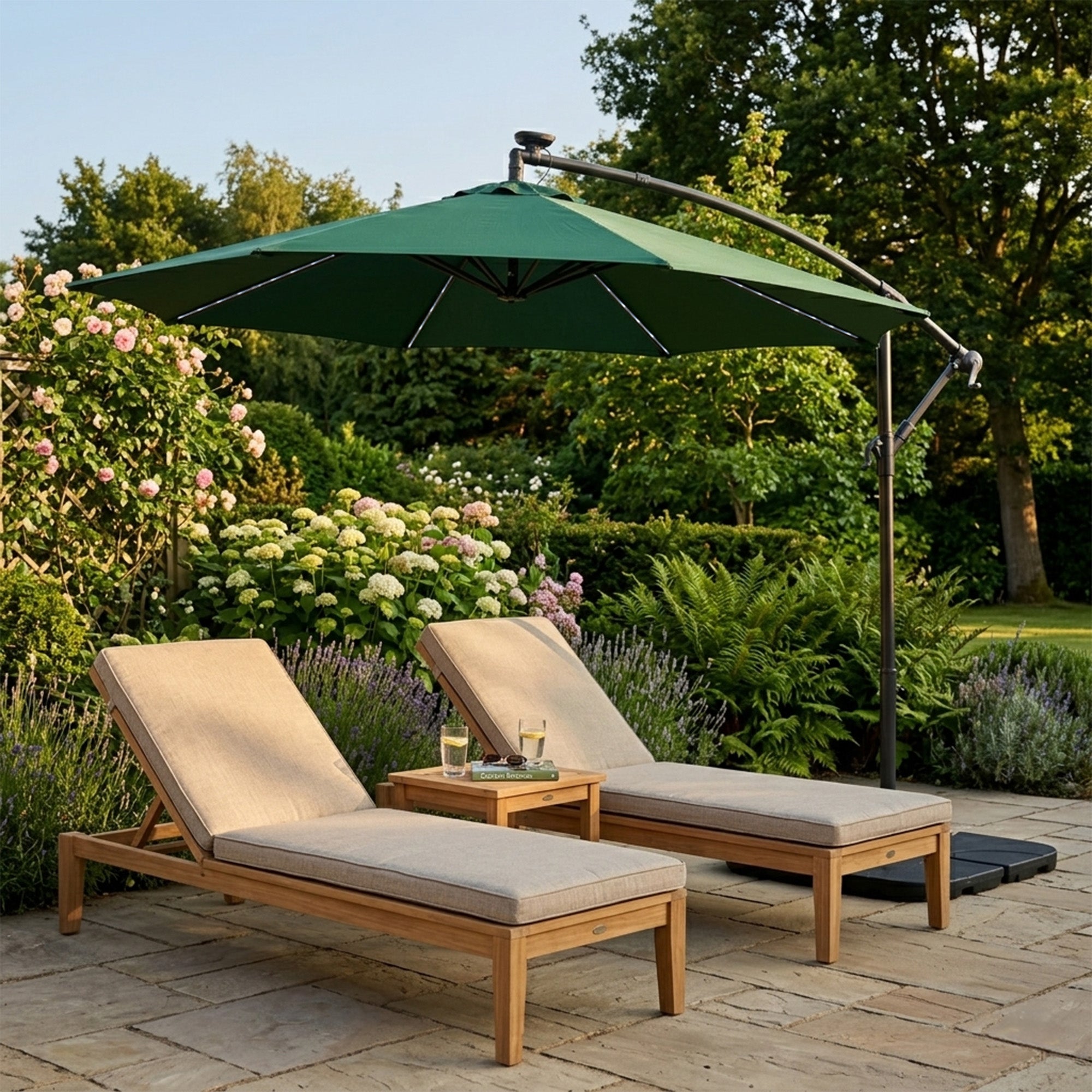 Q-Rax Ombrellone Decentrato LED 3 m Verde con Base Giardino
